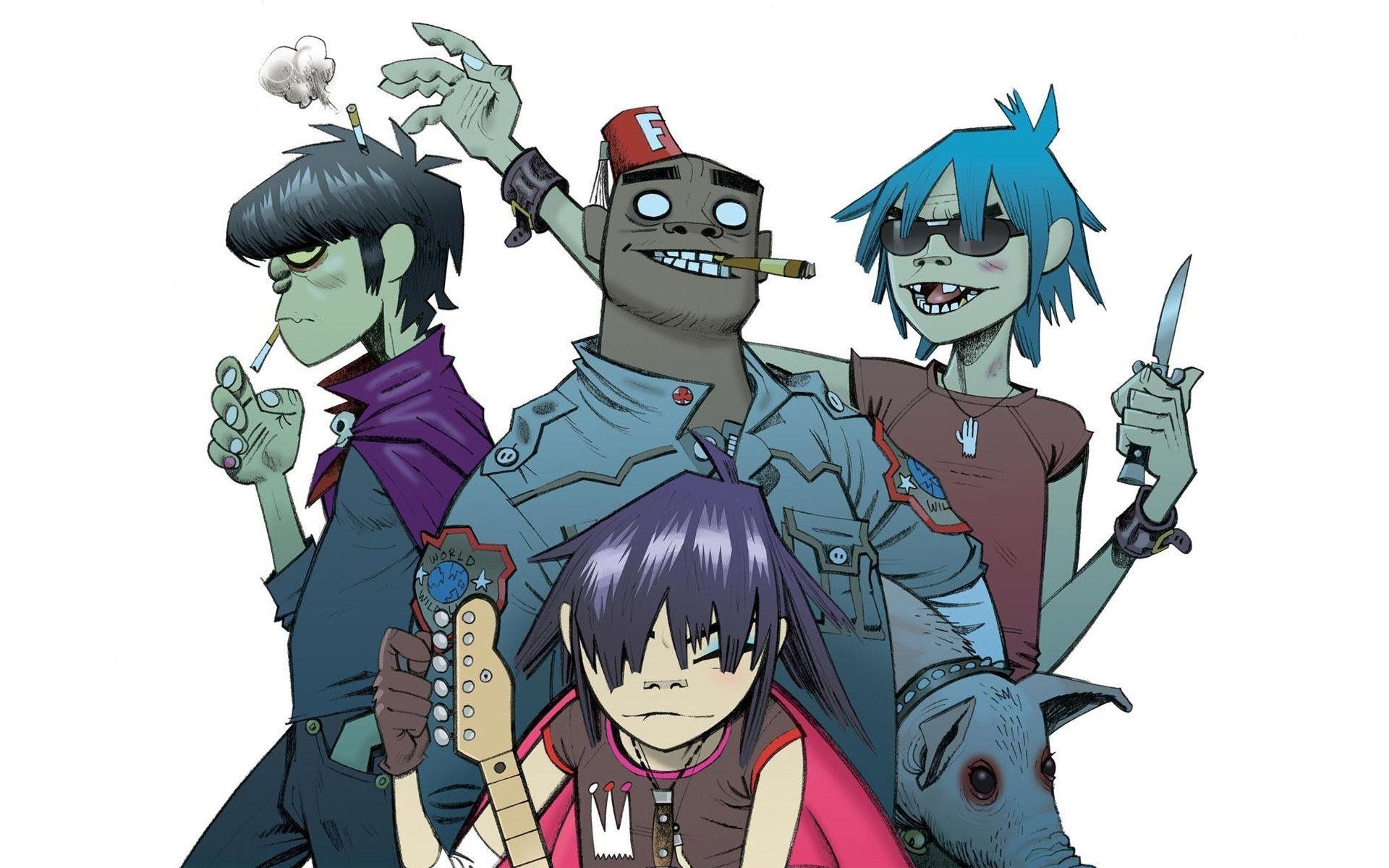Gorillaz, 2-D, Noodle, Murdoc Niccals, Russel Hobbs, Sfondo bianco, wallpaper 1920x1200