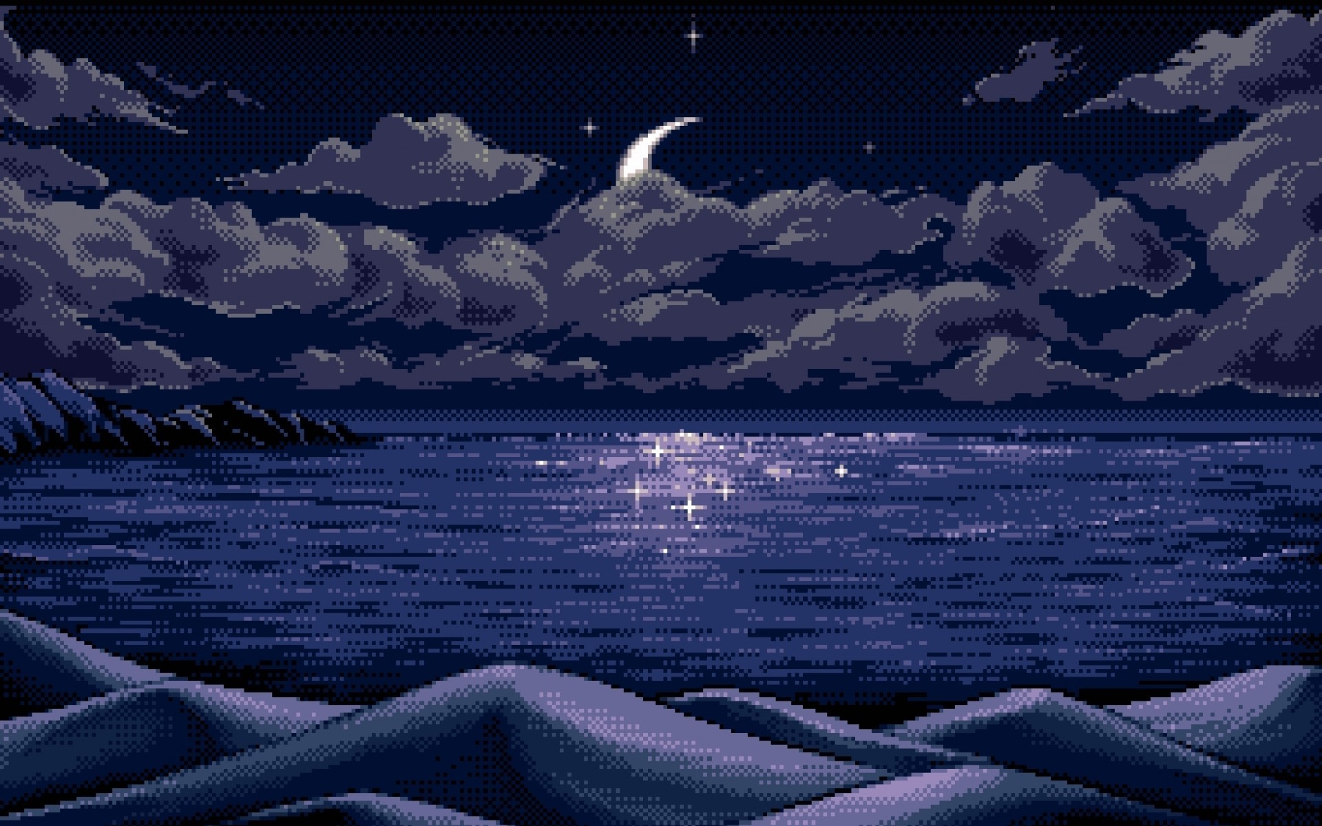 Pixel art, Mare, Luna crescente, Notte, 1920x1200, sfondo MacBook Pro