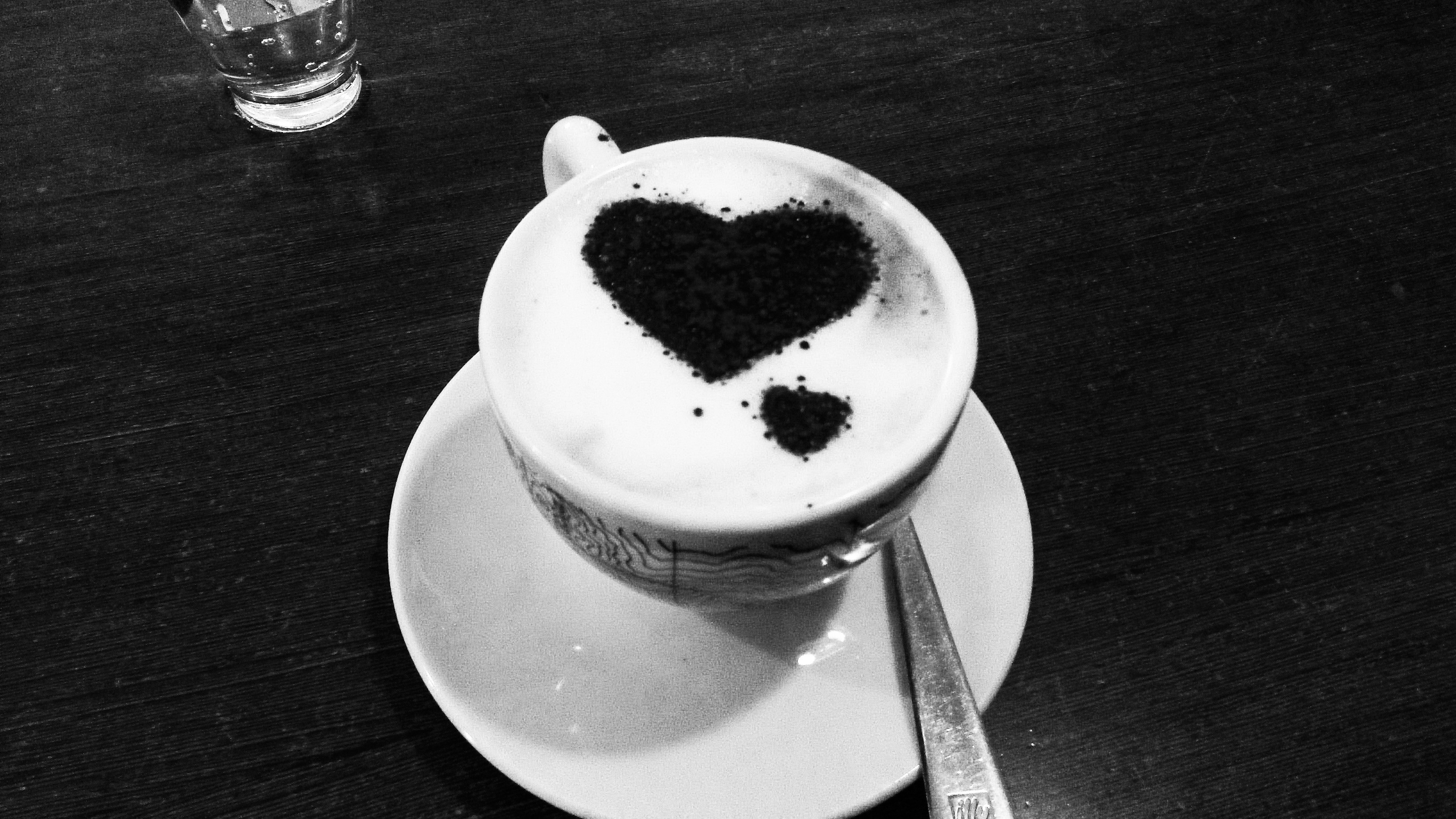 Cappuccino, Cuore, Tazza, Caffè, Bianco e nero, 2K, sfondo per PC