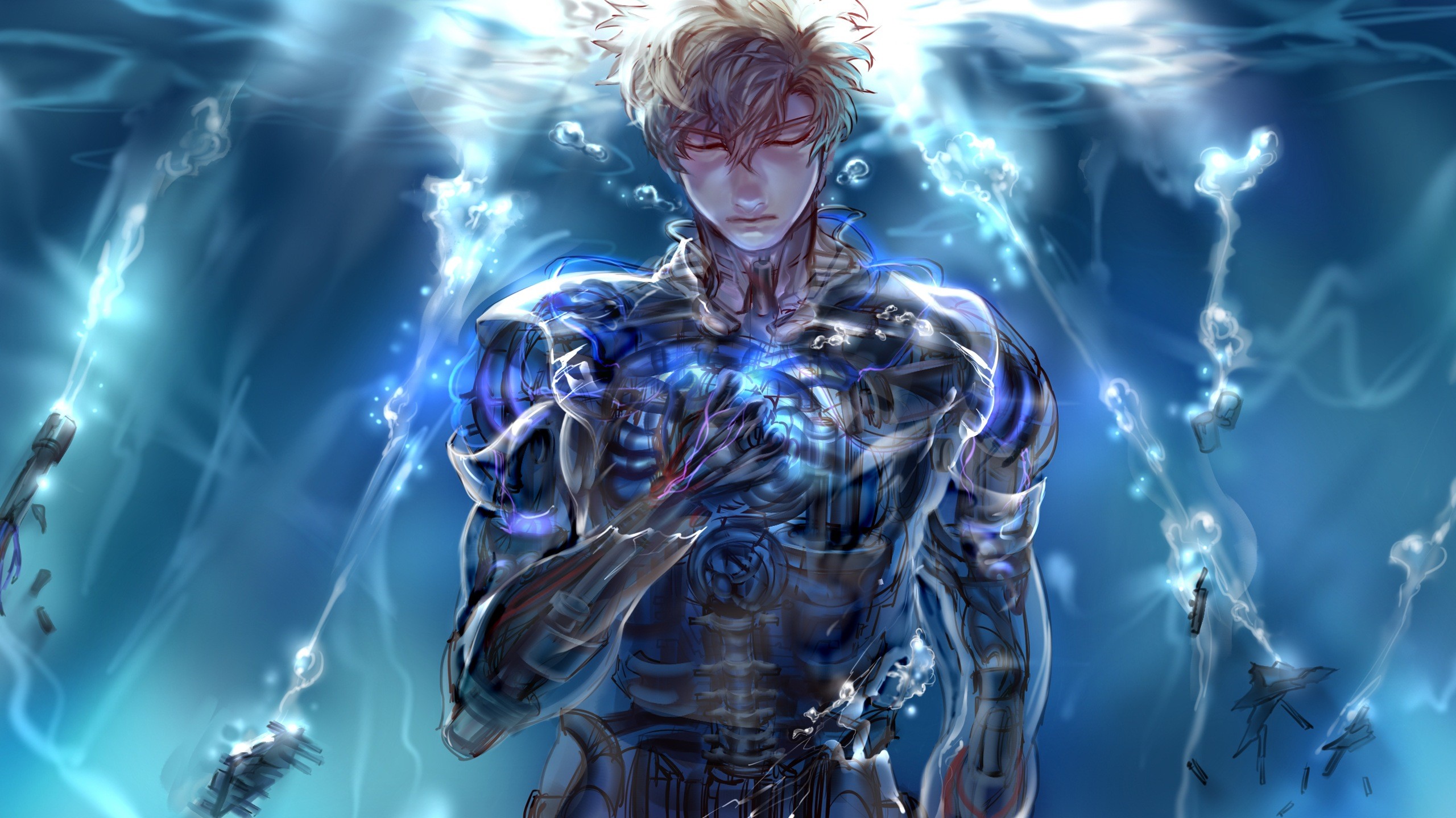Genos, One Punch Man, Cyborg, Sott'acqua, Toni blu, 2560x1440, immagine di sfondo