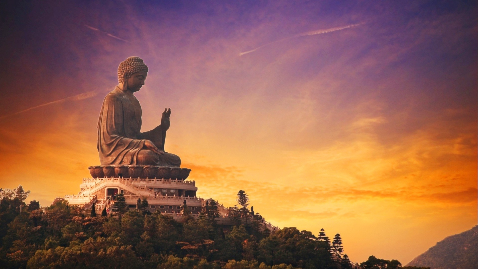 Tian Tan Buddha, Hong Kong, Lantau, Tramonto, 1920x1080, immagine di sfondo