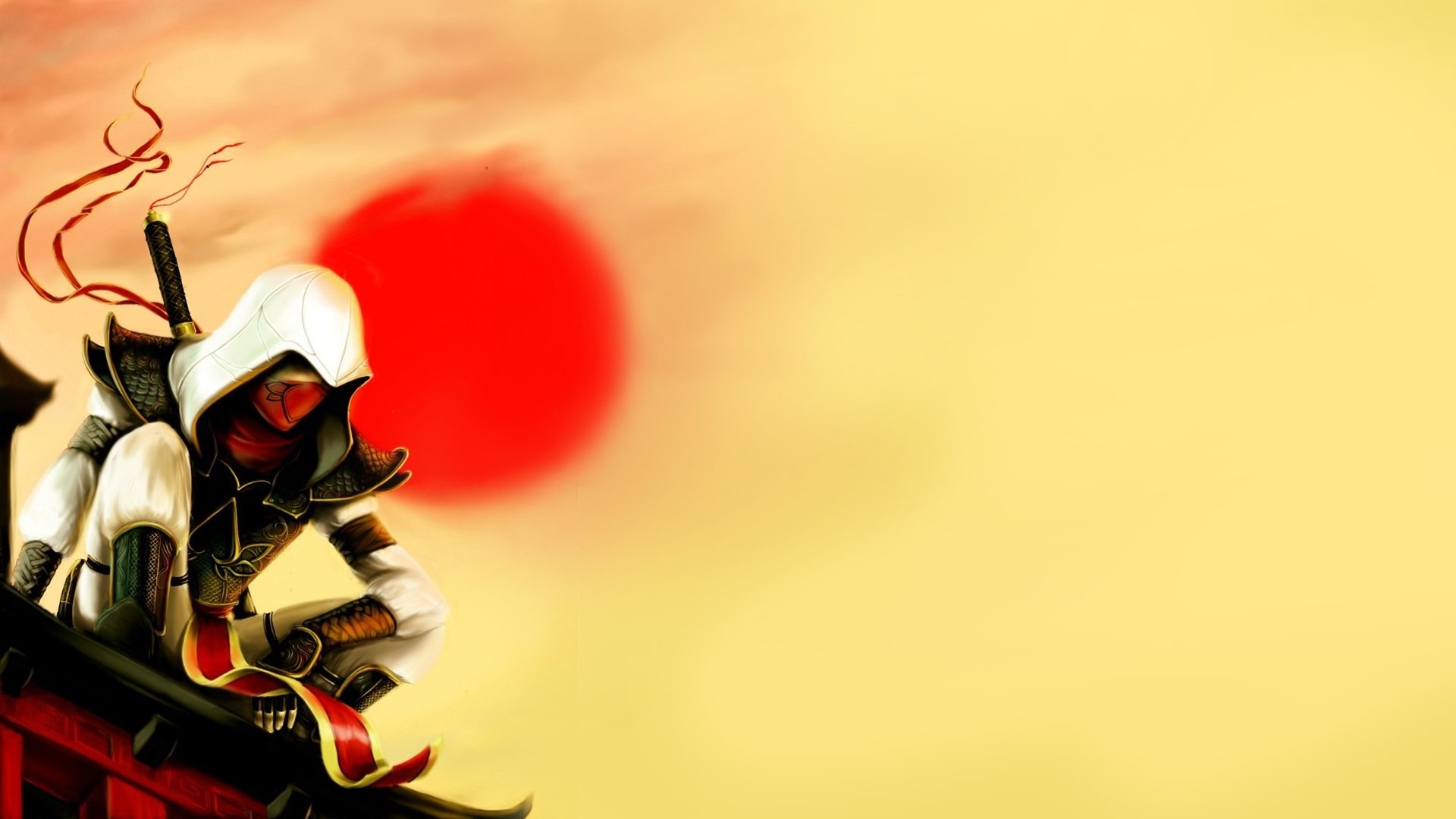Assassino, Sole rosso, Katana, Illustrazione, Giallo, Full HD, sfondo per PC e portatile
