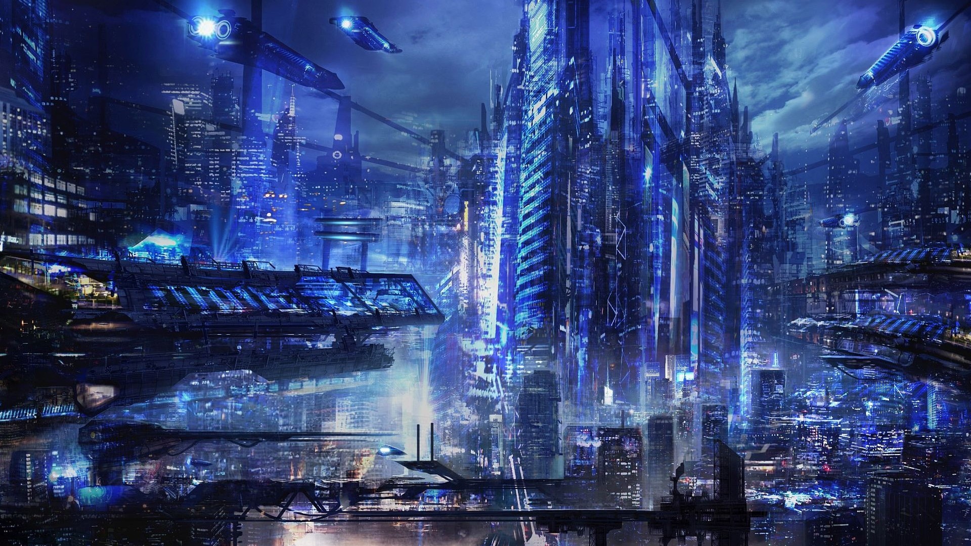 Città futuristica, Grattacieli, Navicelle, Notte, Blu, 1920x1080, immagine di sfondo