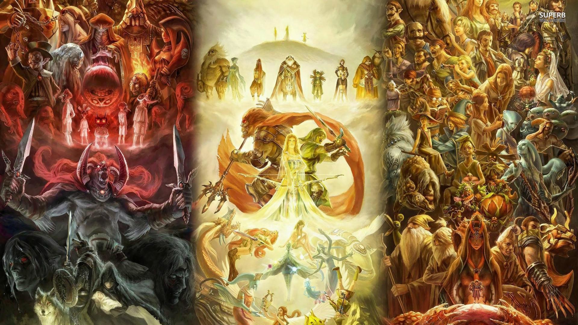 Ganon, Hylia, Trittico, The Legend of Zelda, Arte dettagliata, Full HD, sfondo per PC e portatile
