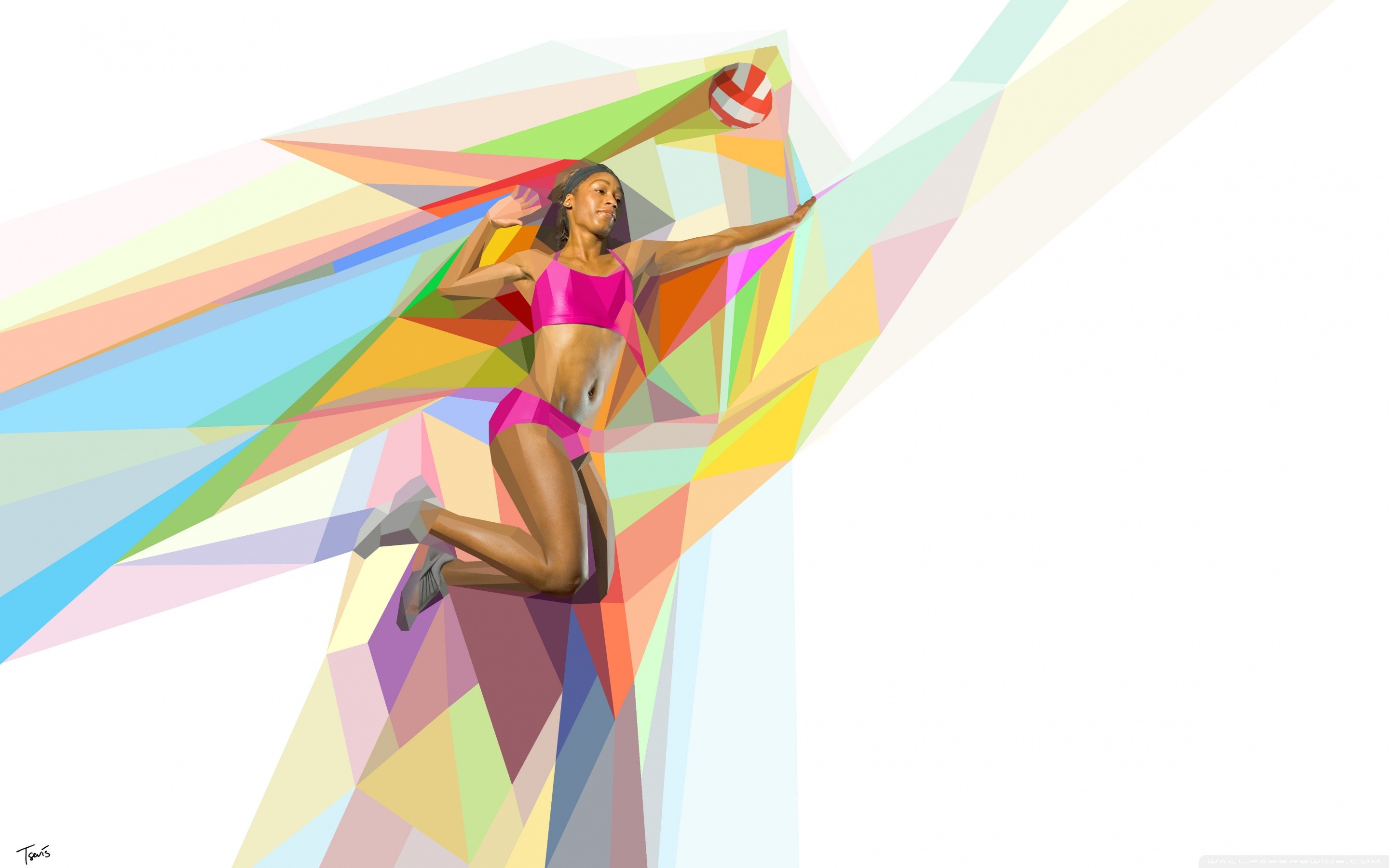 Pallavolista, Arte geometrica, Low poly, Colori pastello, 2K, sfondo per PC e portatile