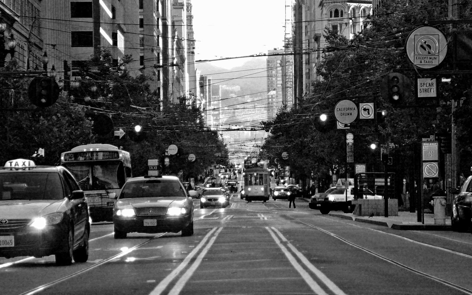 San Francisco, Market Street, Taxi, Strada, Bianco e nero, Full HD, sfondo desktop