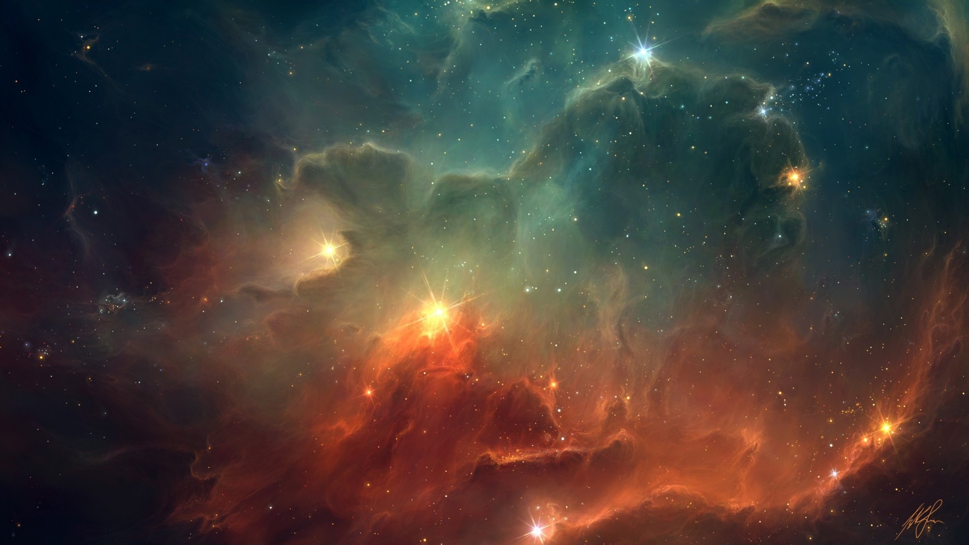 Nebulosa, Spazio, Arancione e verde acqua, Stelle, 16:9 Full HD, wallpaper widescreen