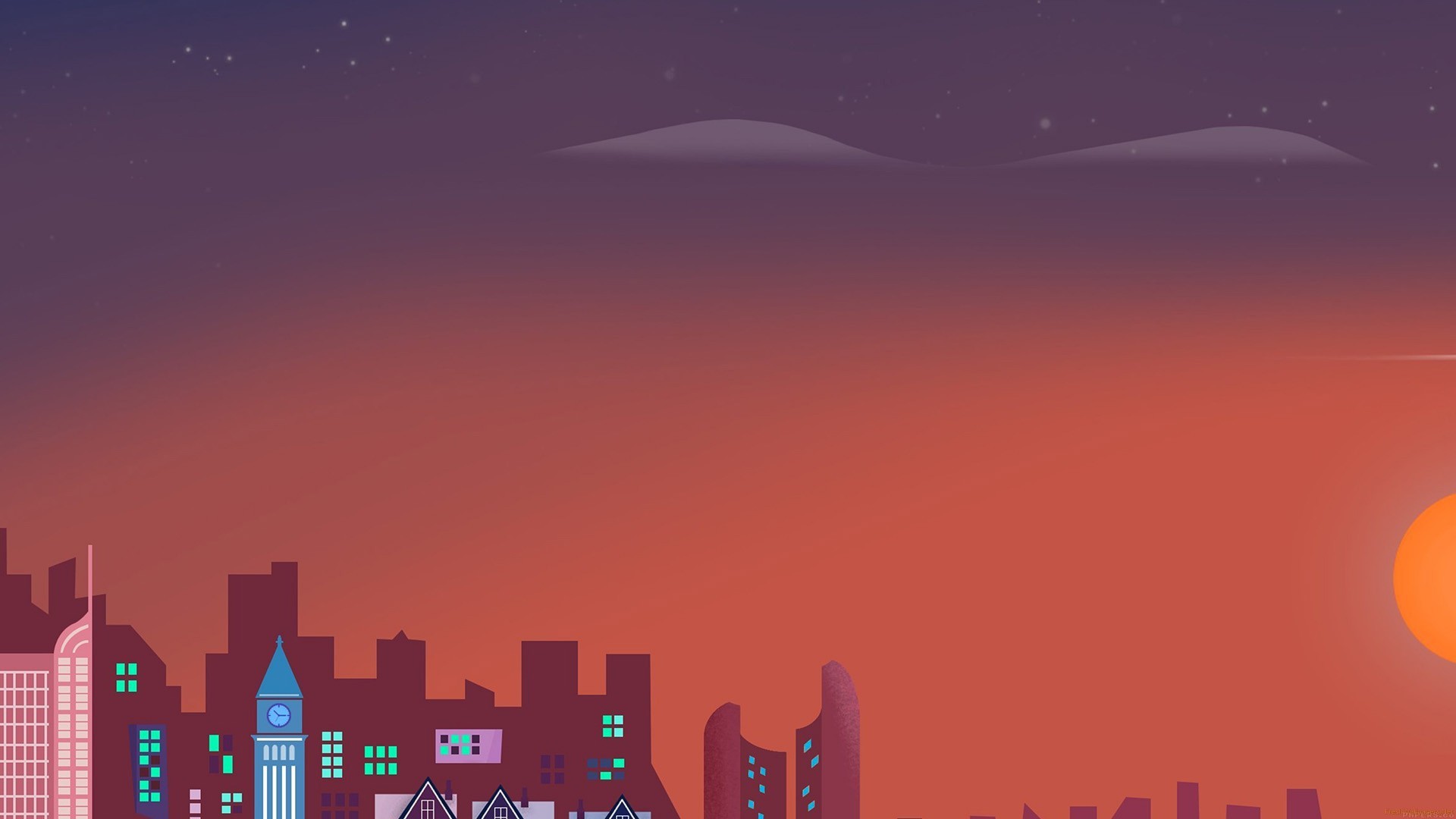 Flat design, Skyline, Tramonto, Città, Cielo arancione, 16:9 Full HD, sfondo widescreen