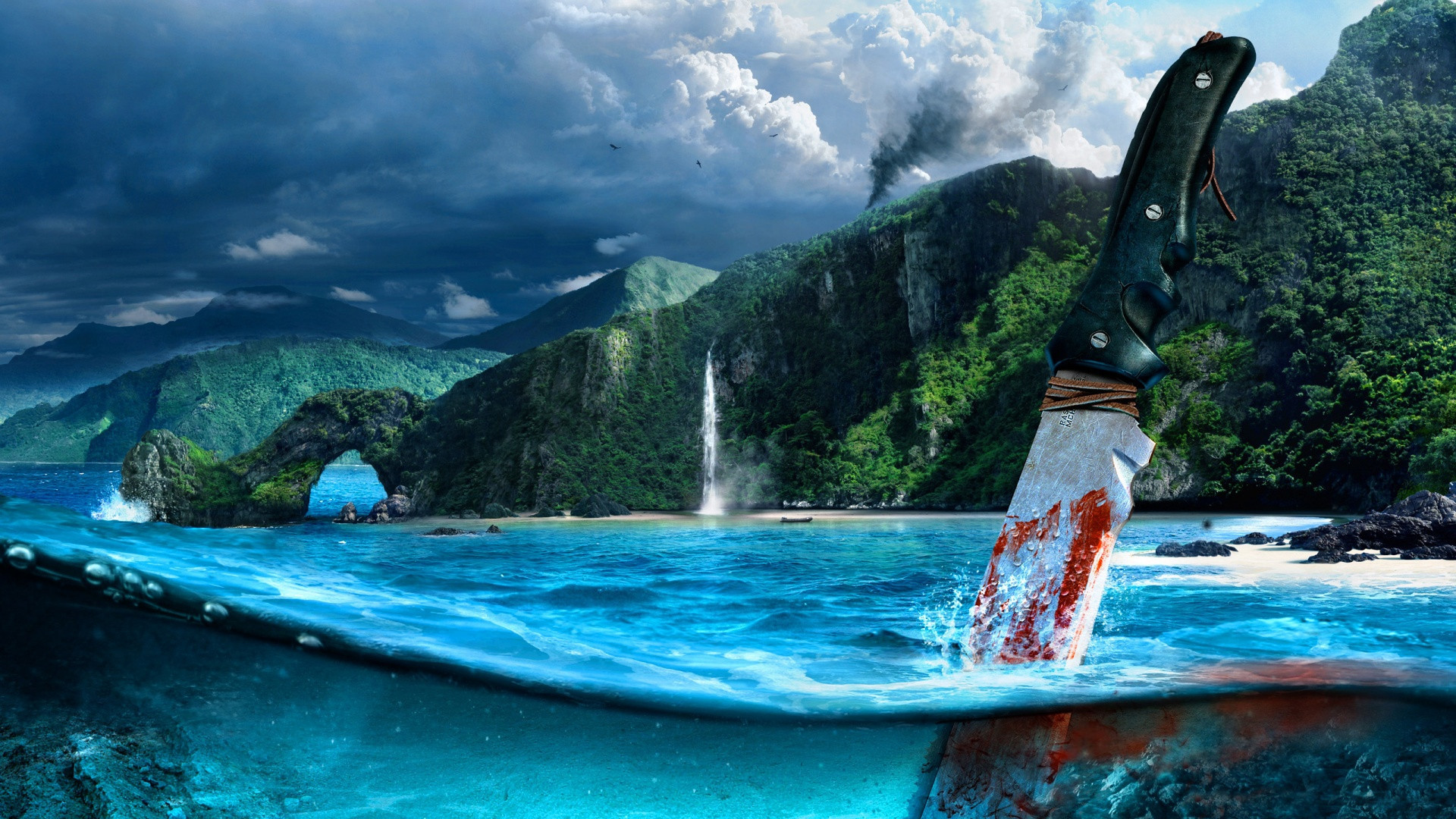 Far Cry 3, Isola tropicale, Coltello, Cascata, Mare, Full HD, sfondo per PC e portatile