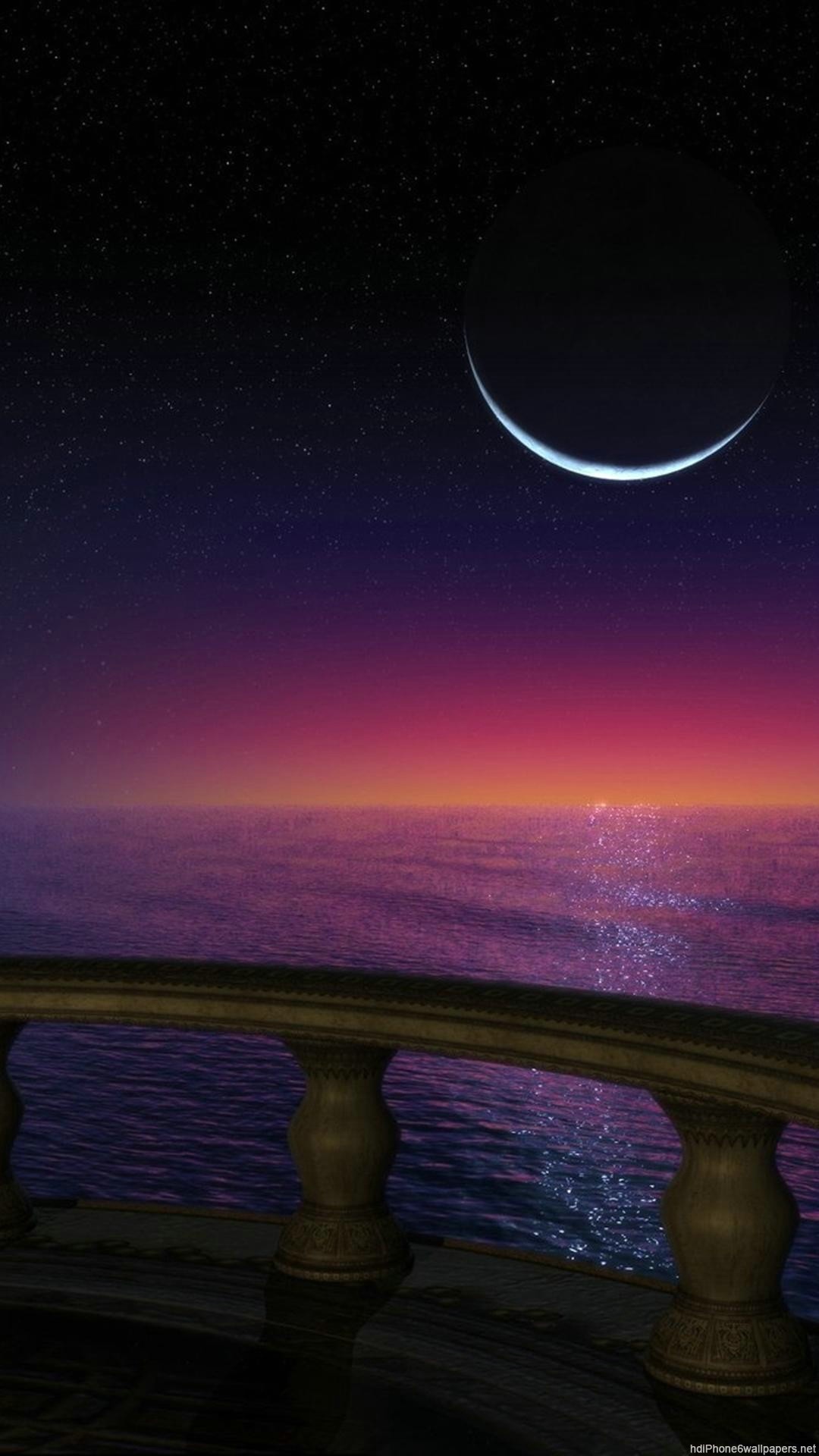 Luna crescente, Mare, Notte, Balcone, schermata Home iPhone