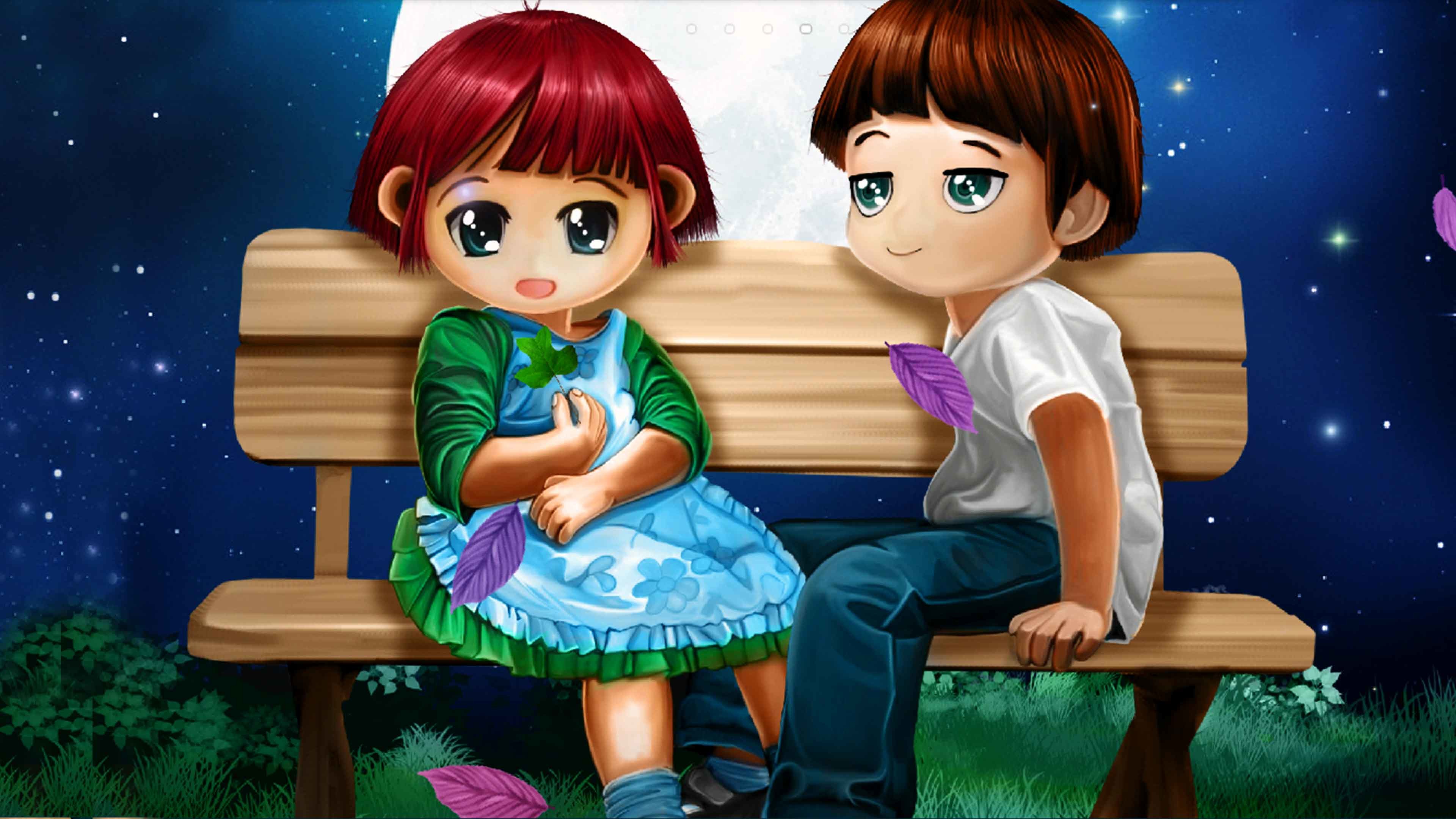 Bambini, Panchina, Notte, Illustrazione, 4K, sfondo per portatile