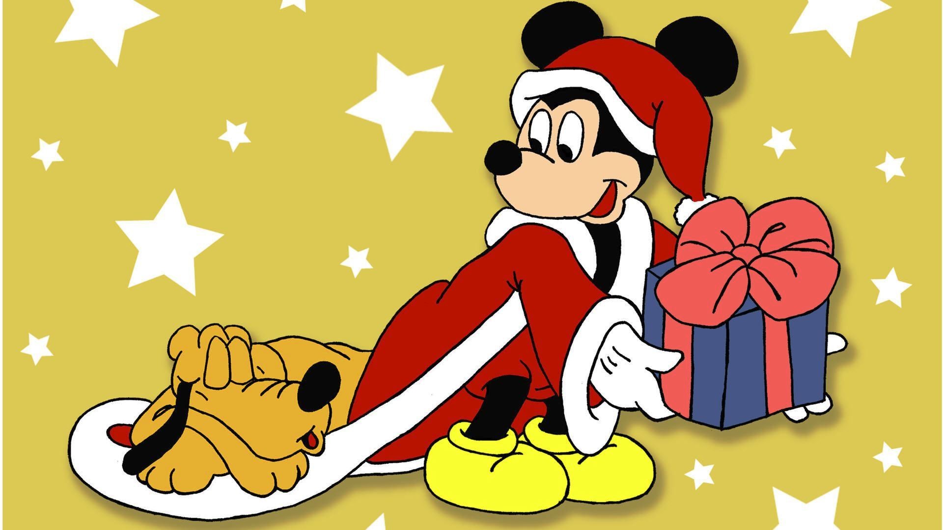 Topolino, Pluto, Babbo Natale, Regalo, Stelle, 1920x1080, immagine di sfondo
