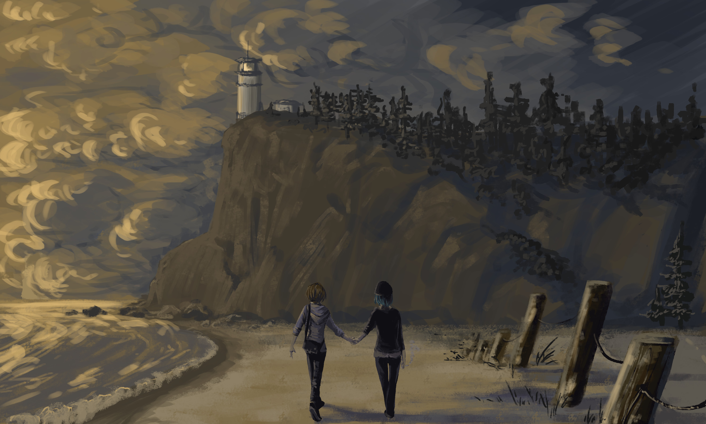 Max Caulfield, Chloe Price, Life is Strange, Faro, Spiaggia, Dipinto, sfondo 2K per portatile