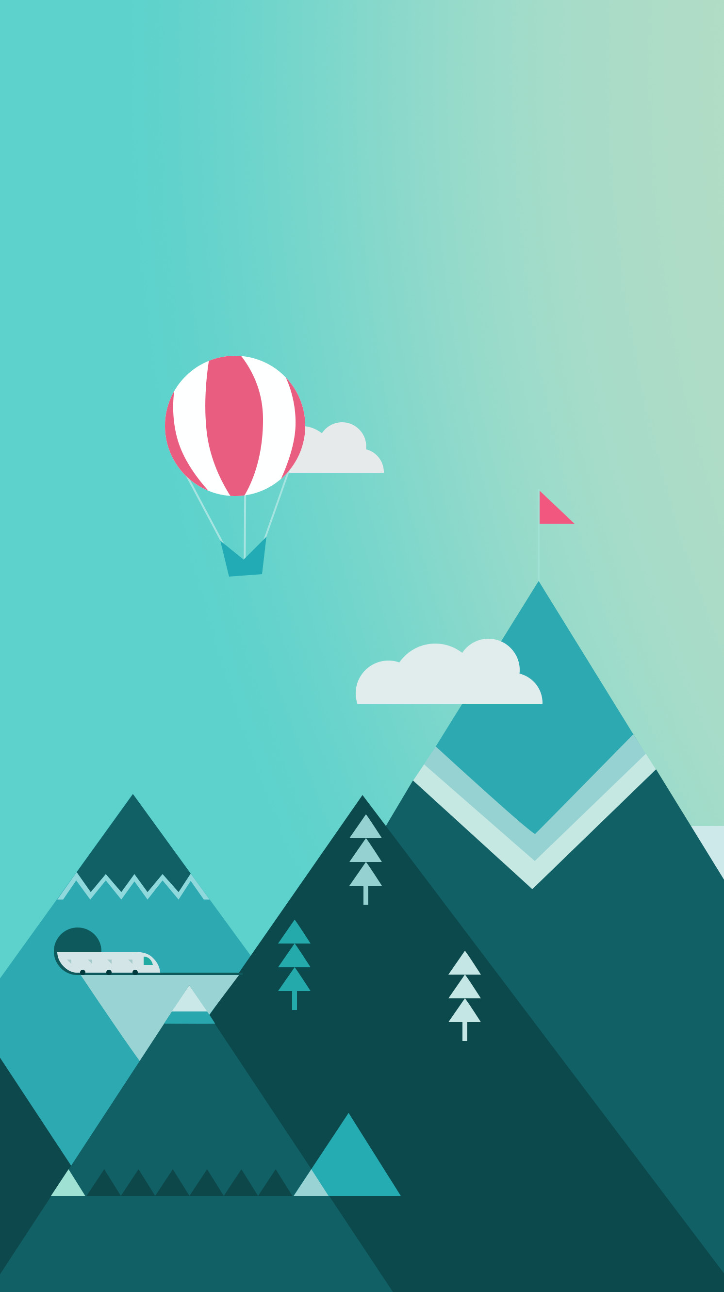 Illustrazione piatta, Montagne, Mongolfiera, Verde acqua, QHD+, sfondo per smartphone