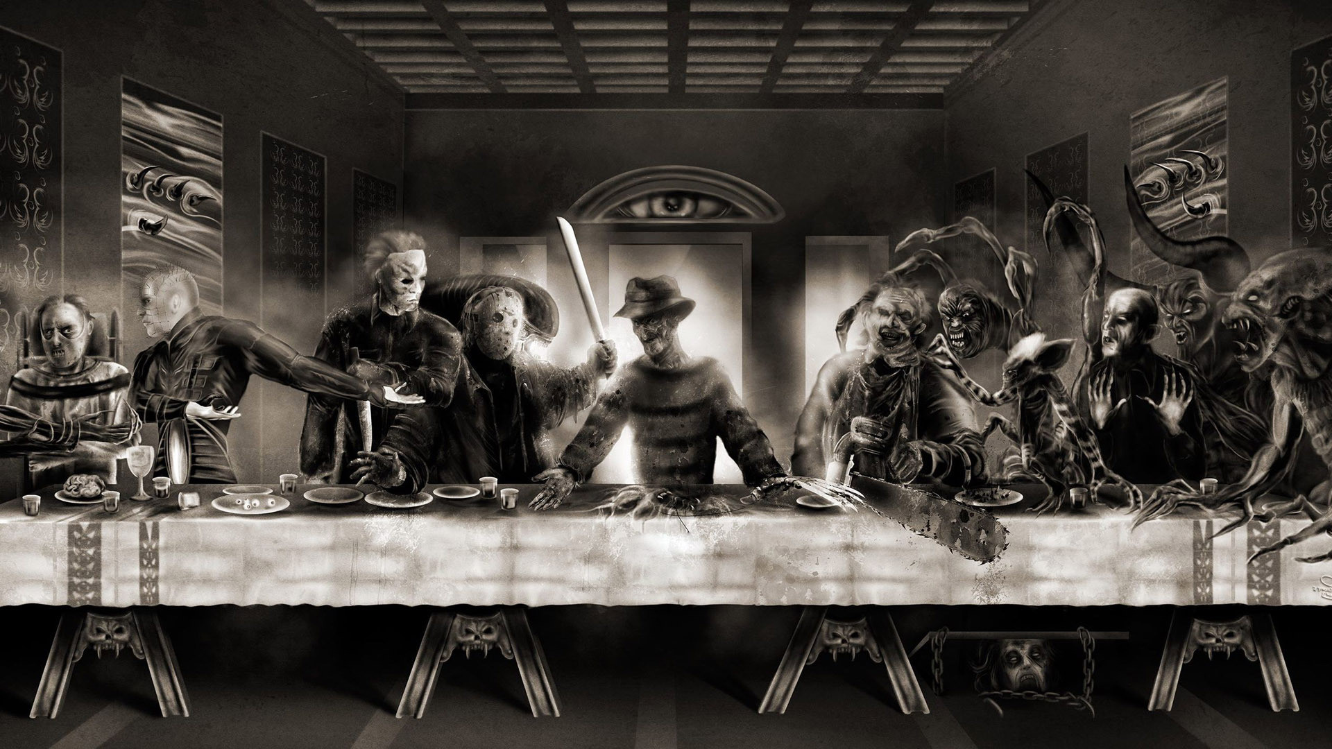 Ultima Cena, Freddy Krueger, Jason Voorhees, Leatherface, Parodia, sfondo widescreen Full HD