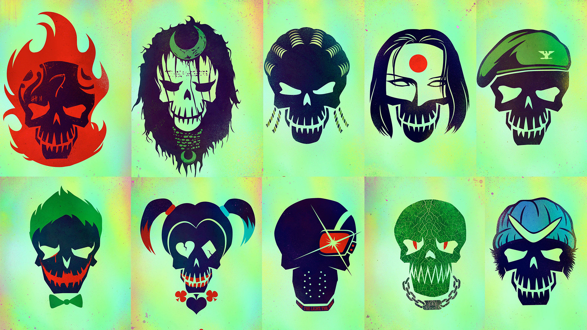 Suicide Squad, Teschi dei personaggi, El Diablo, Harley Quinn, Pop art, sfondo widescreen Full HD