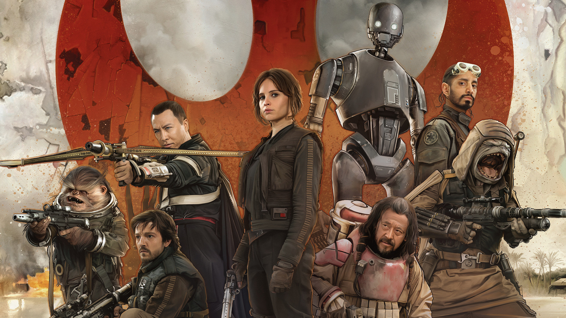 Rogue One: A Star Wars Story, Jyn Erso, K-2SO, Cassian Andor, Baze Malbus, Chirrut Îmwe, Bodhi Rook, wallpaper Full HD