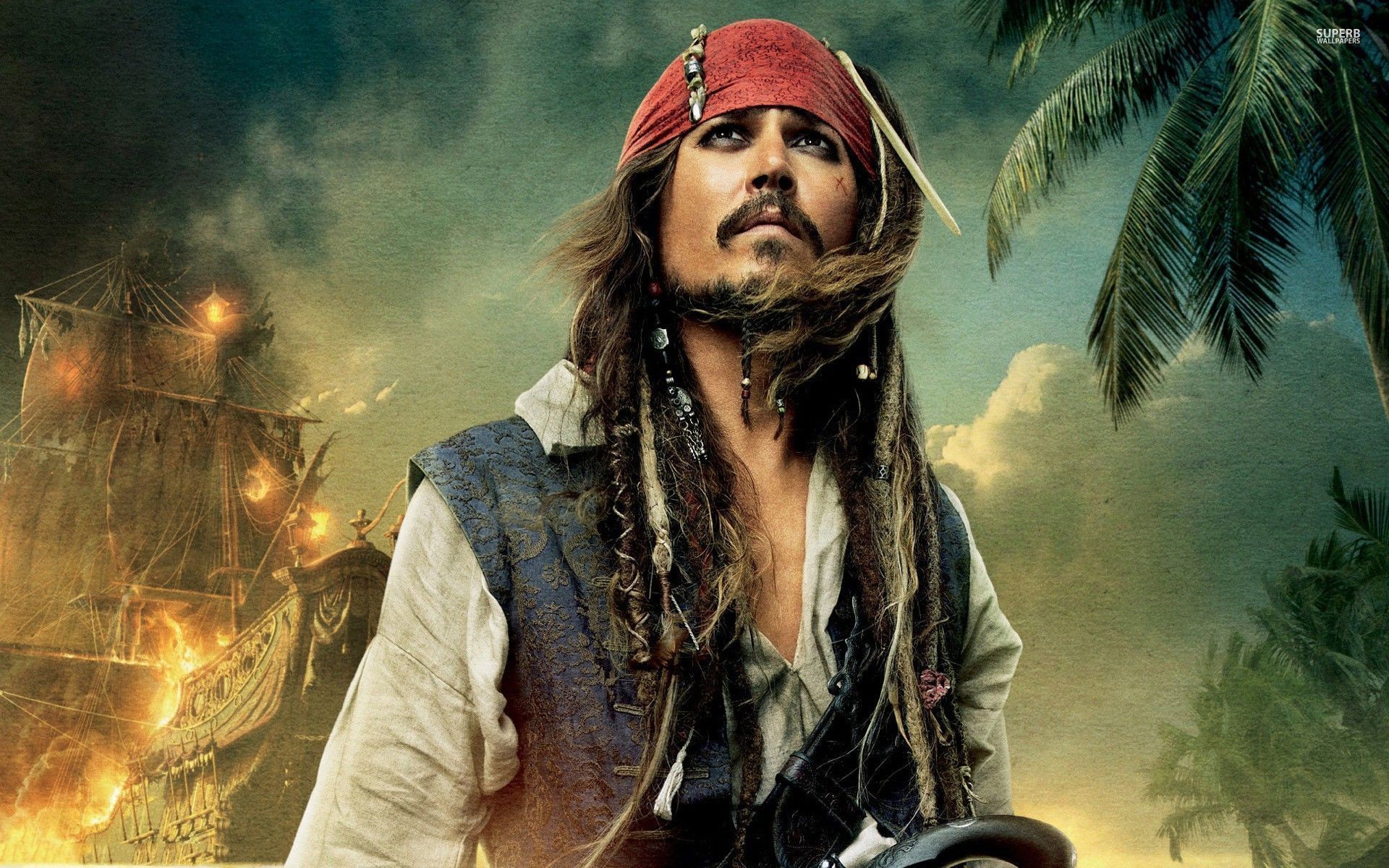Jack Sparrow, Johnny Depp, Pirati dei Caraibi, Palme, Navi in fiamme, sfondo 16:10 Full HD