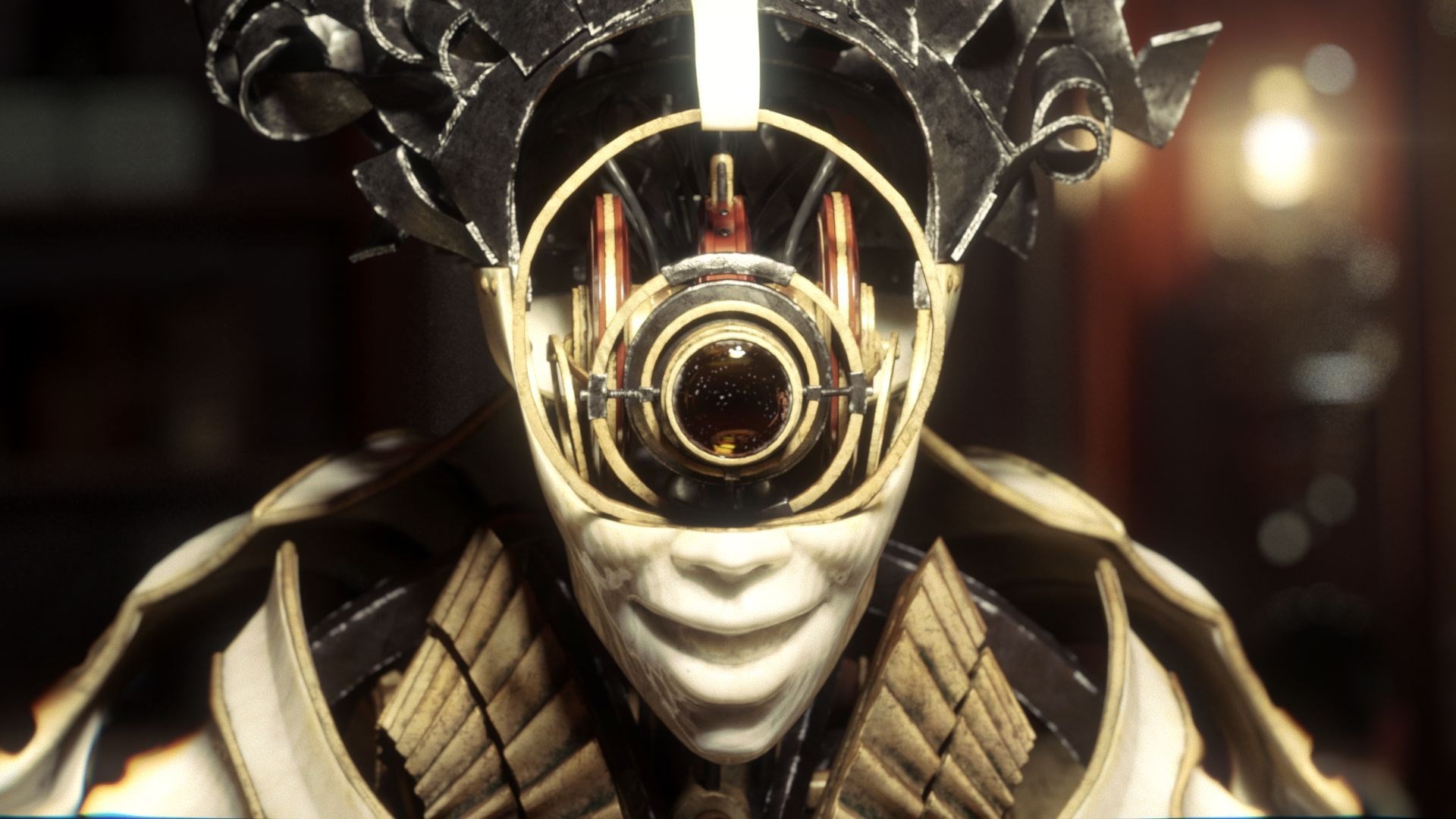 Clockwork Soldier, Dishonored 2, Volto meccanico, Oro, Full HD, sfondo Windows 11