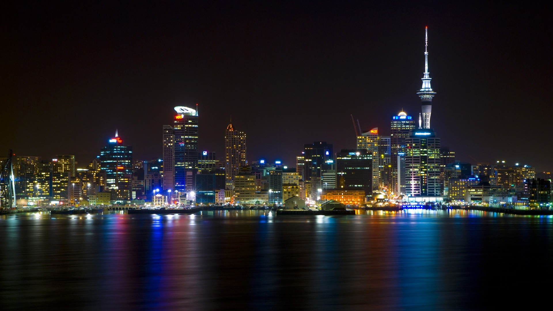 Auckland, Sky Tower, Nuova Zelanda, Notte, Porto, Full HD, wallpaper per computer