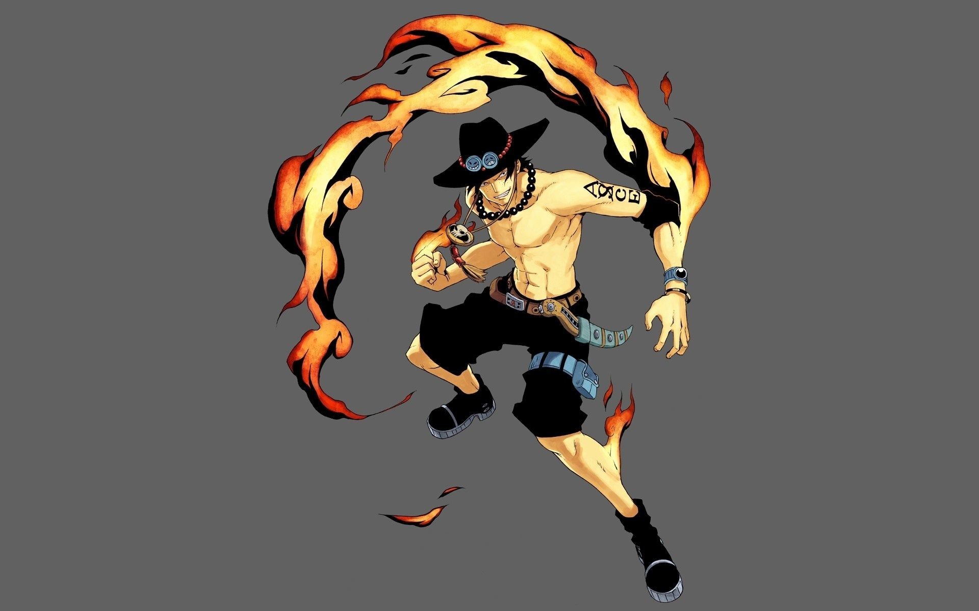 Portgas D. Ace, One Piece, Fuoco, Sfondo grigio, 16:10 Full HD, wallpaper widescreen