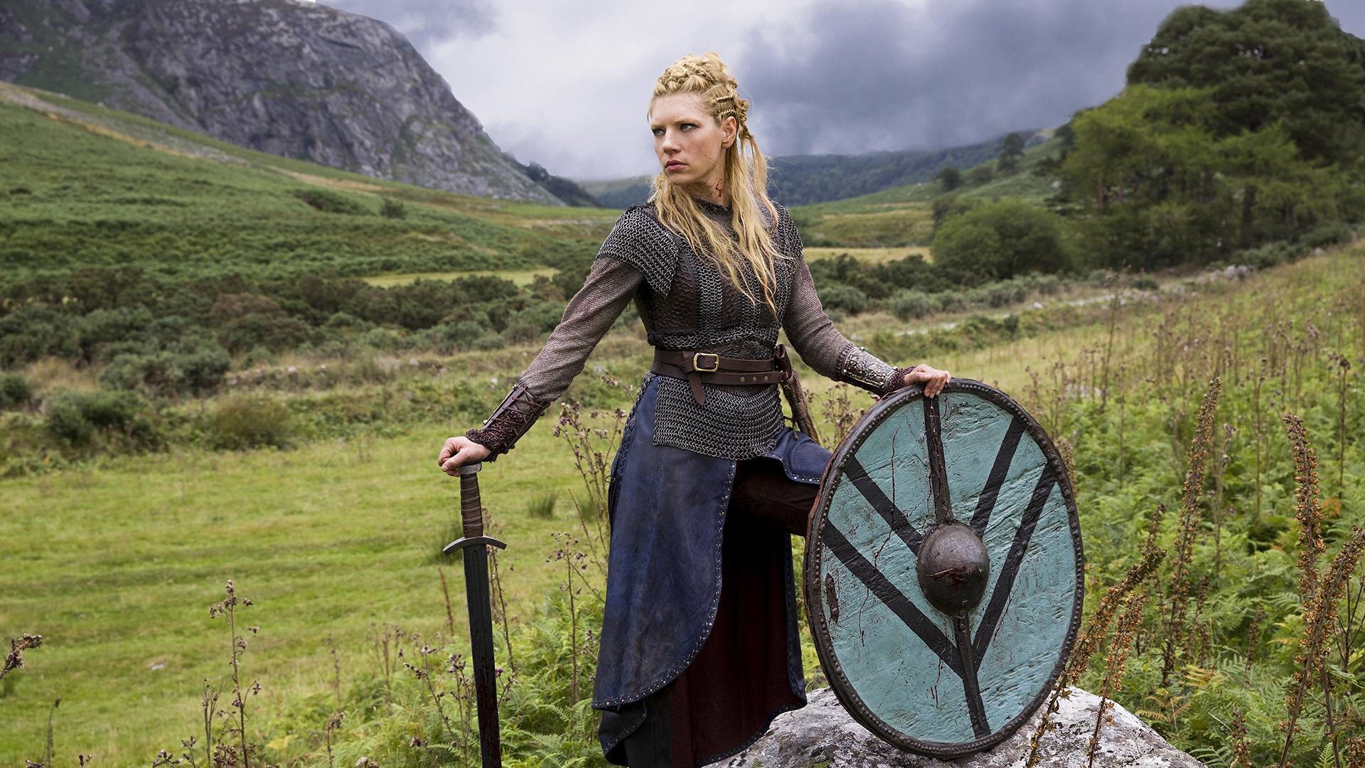 Lagertha, Katheryn Winnick, Vikings, Scudo, Prato, 1920x1080, immagine di sfondo