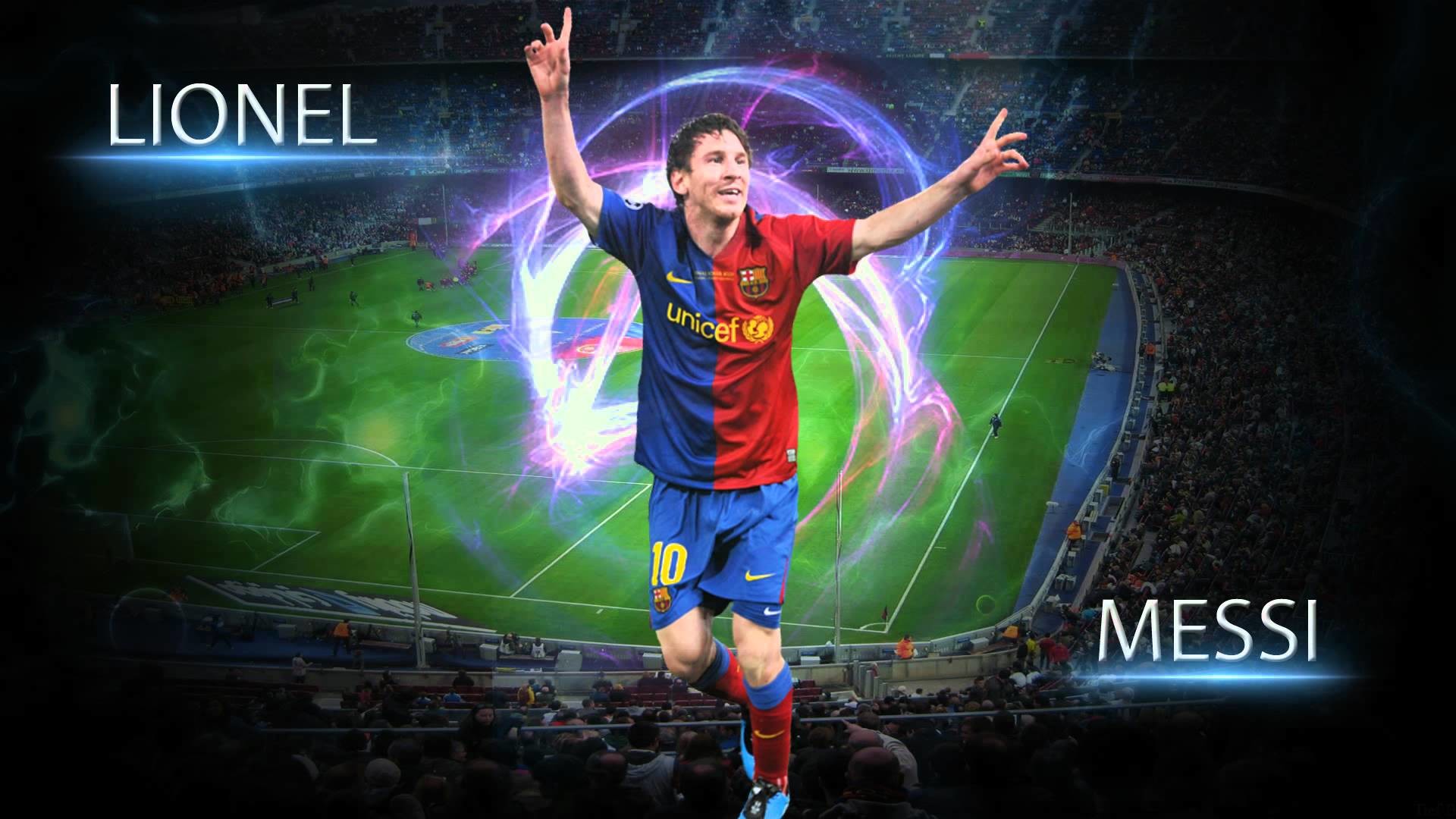 Lionel Messi, FC Barcelona, Stadio, Luci neon, Esultanza, Full HD, wallpaper desktop