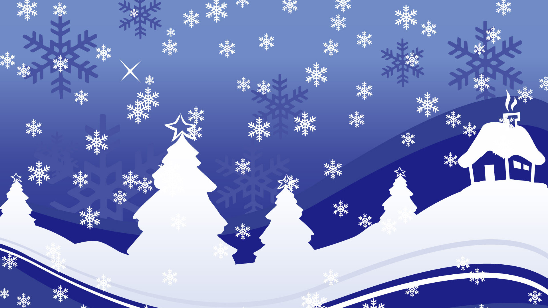 Fiocchi di neve, Alberi, Casetta, Blu, Illustrazione, Full HD, sfondo per portatile