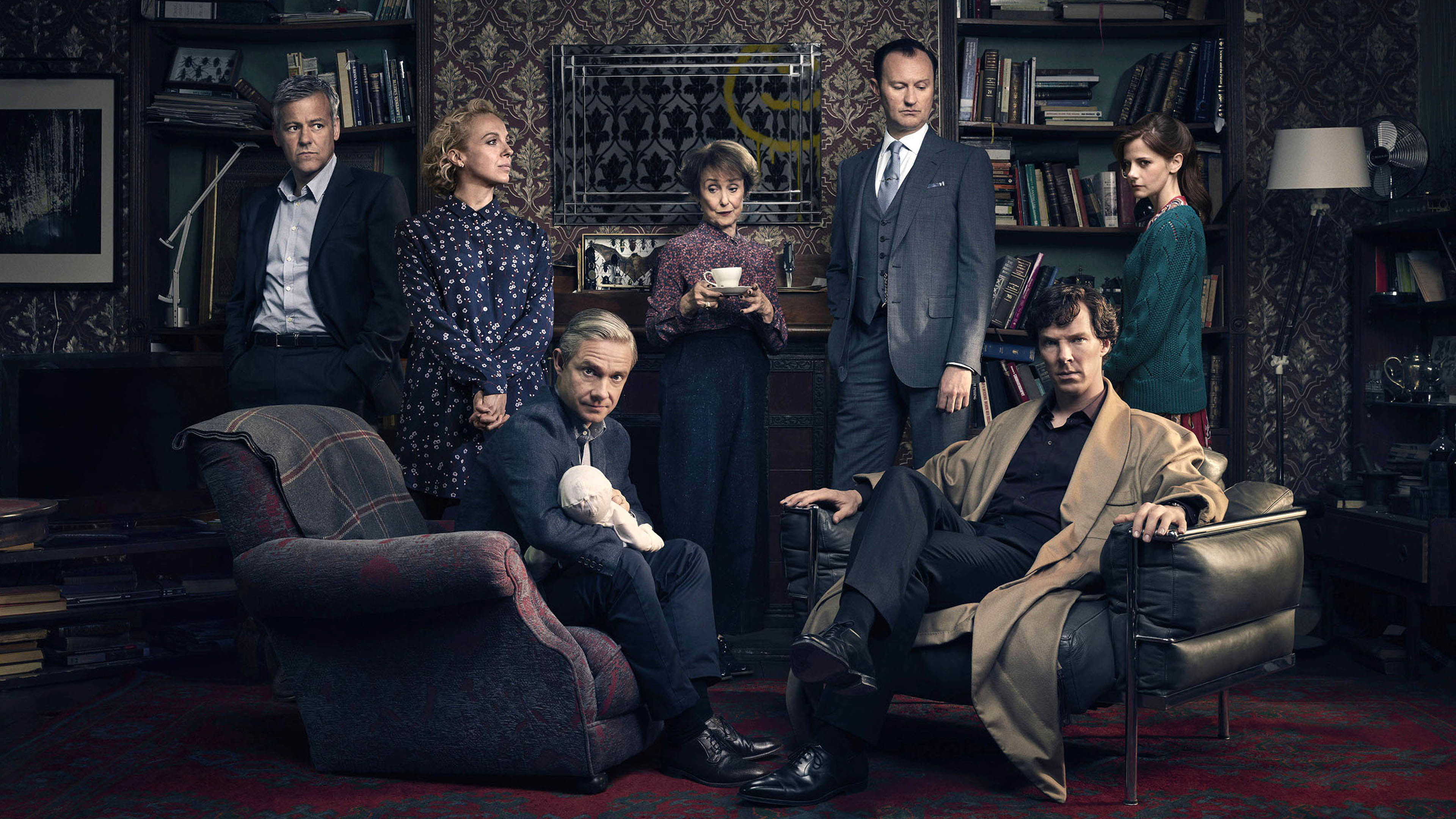 Sherlock, Benedict Cumberbatch, Martin Freeman, Mark Gatiss, Una Stubbs, Amanda Abbington, Cast, 221B Baker Street, sfondo 2160p