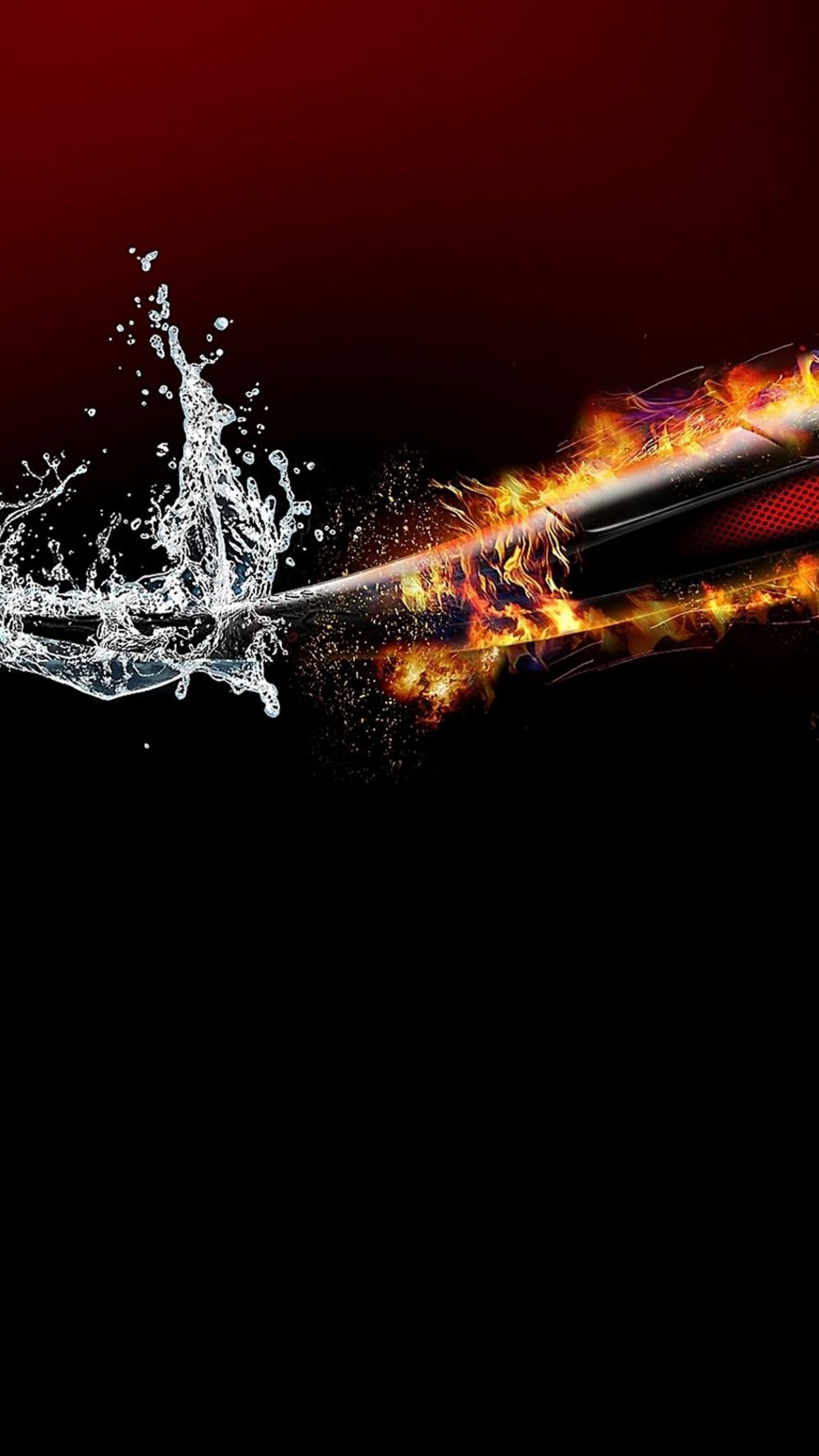 Acqua e fuoco, Schizzi, Sfondo nero, Astratto, QHD+, schermata di blocco del cellulare