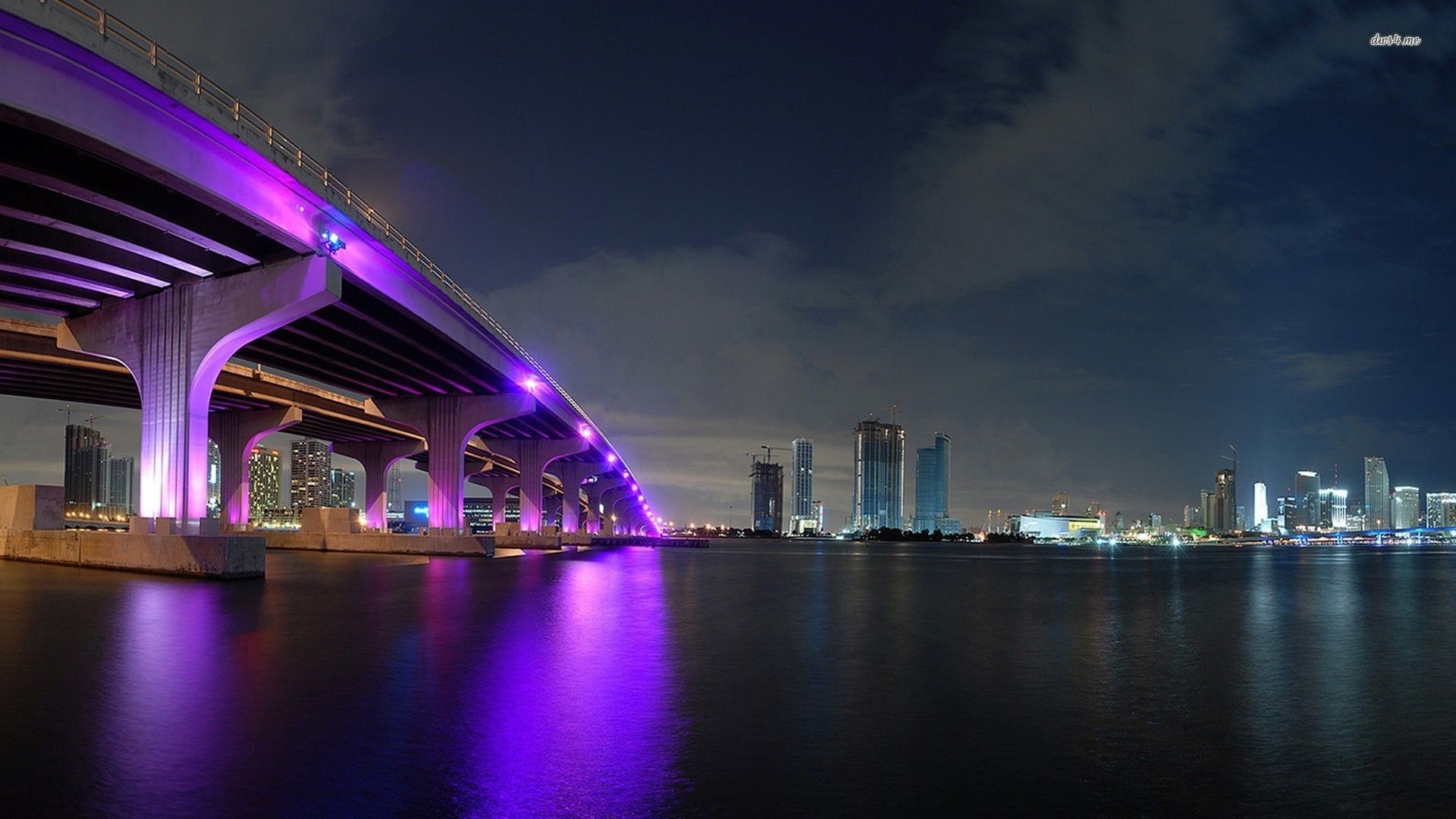 MacArthur Causeway, Miami, Luci viola, Notte, Full HD 1080p, sfondo desktop