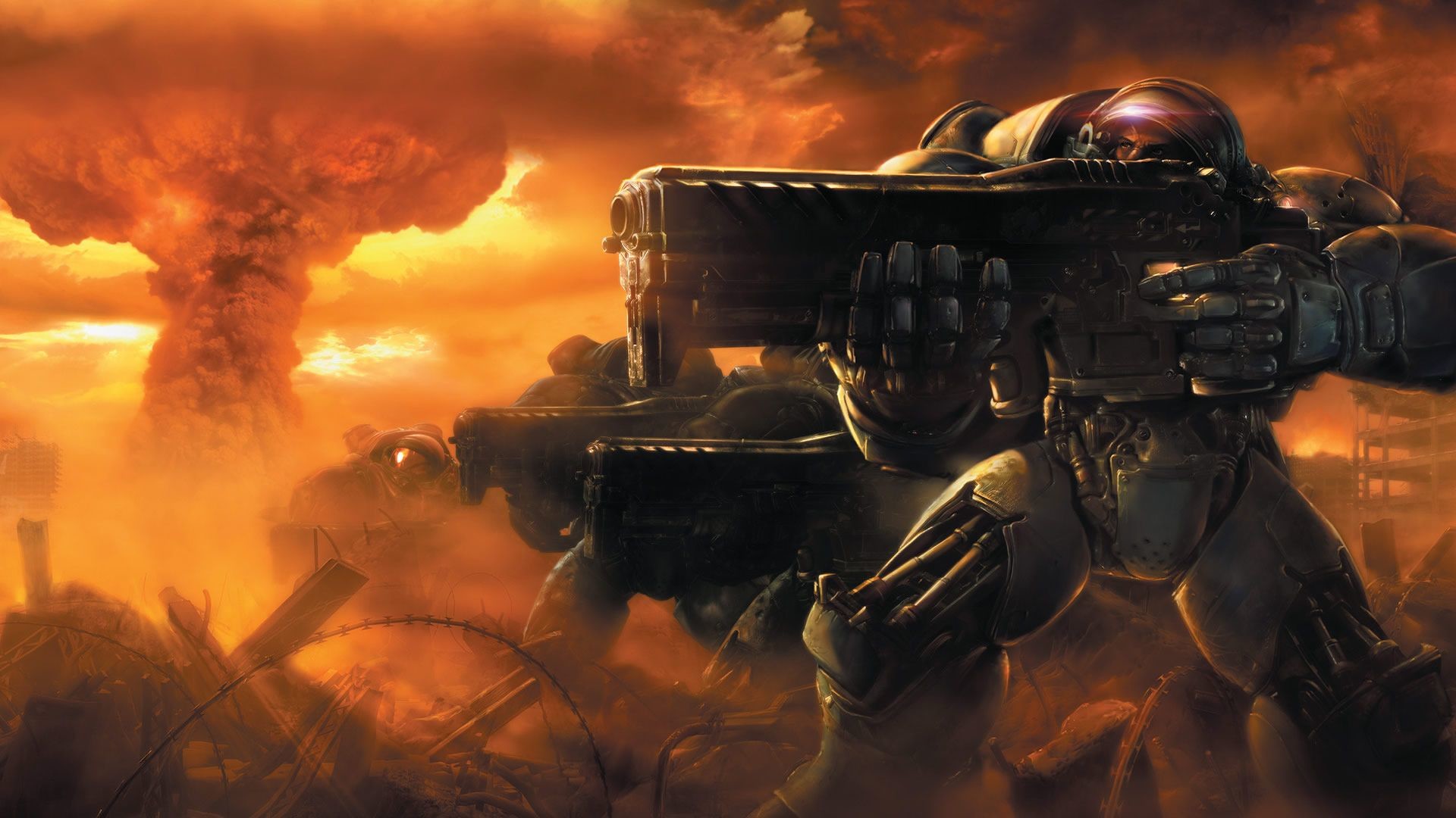 StarCraft II, Marine terrestre, Esplosione nucleare, Arancione, 16:9 Full HD, sfondo widescreen