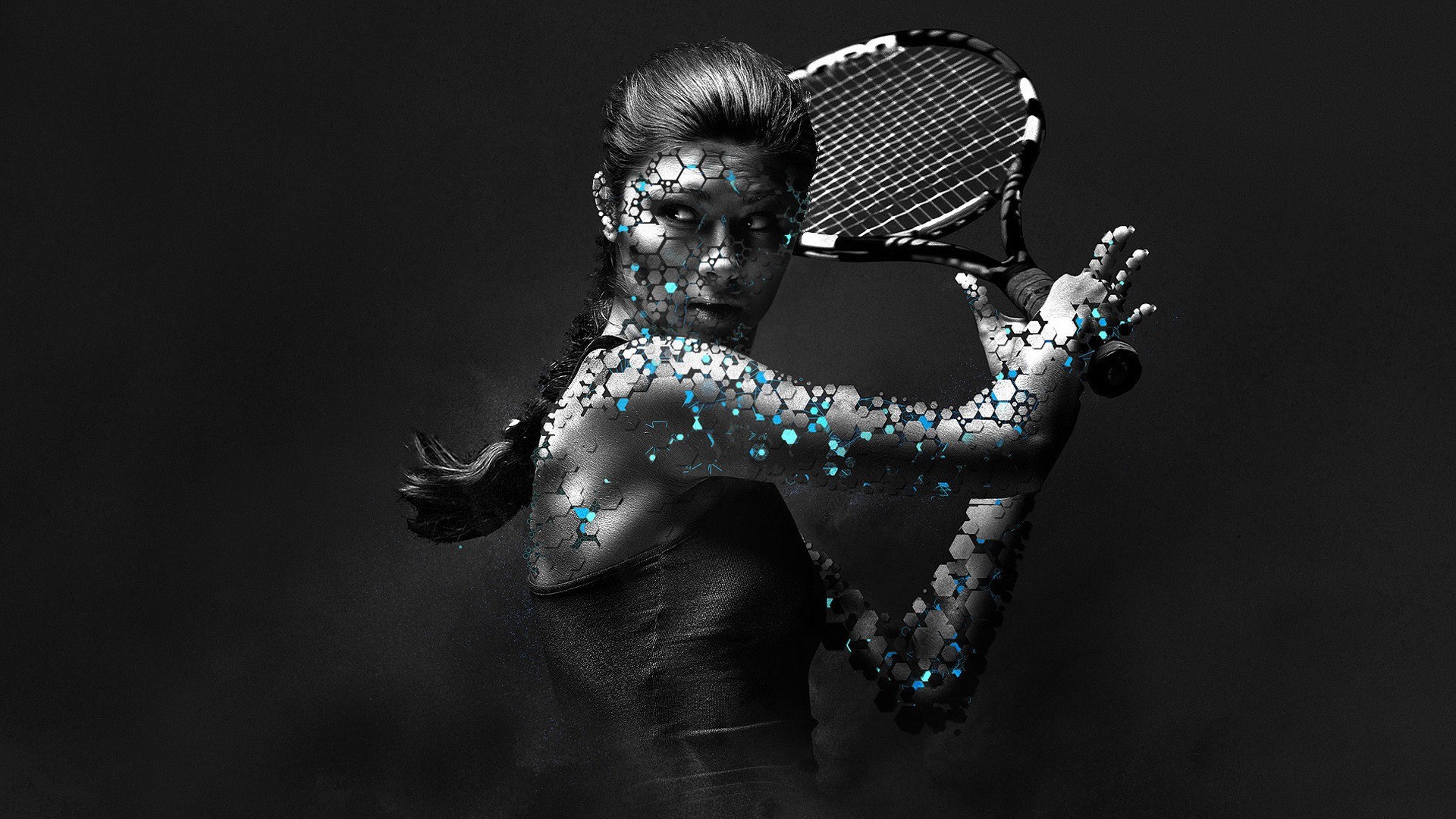 Tennista, Rovescio, Arte digitale, Bianco e nero, Full HD, sfondo per portatile
