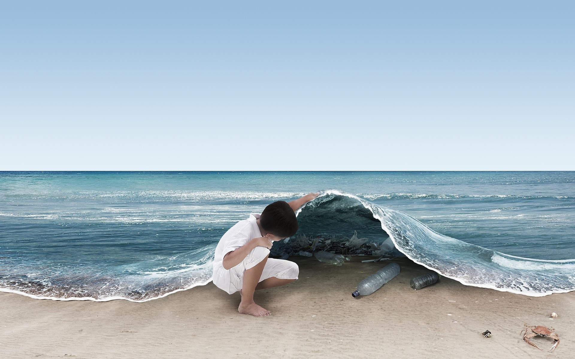 Arte surreale, Bambino, Onda, Spiaggia, 1920x1200, sfondo MacBook Pro