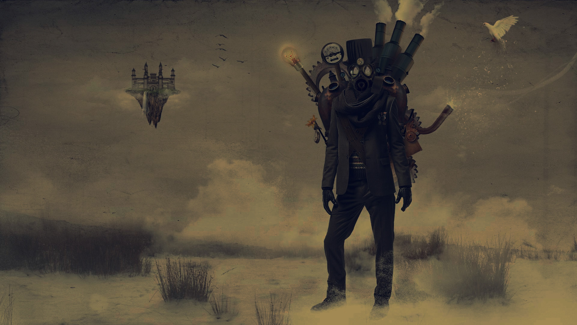 Uomo con macchina, Città volante, Surreale, Steampunk, 1920x1080, immagine di sfondo