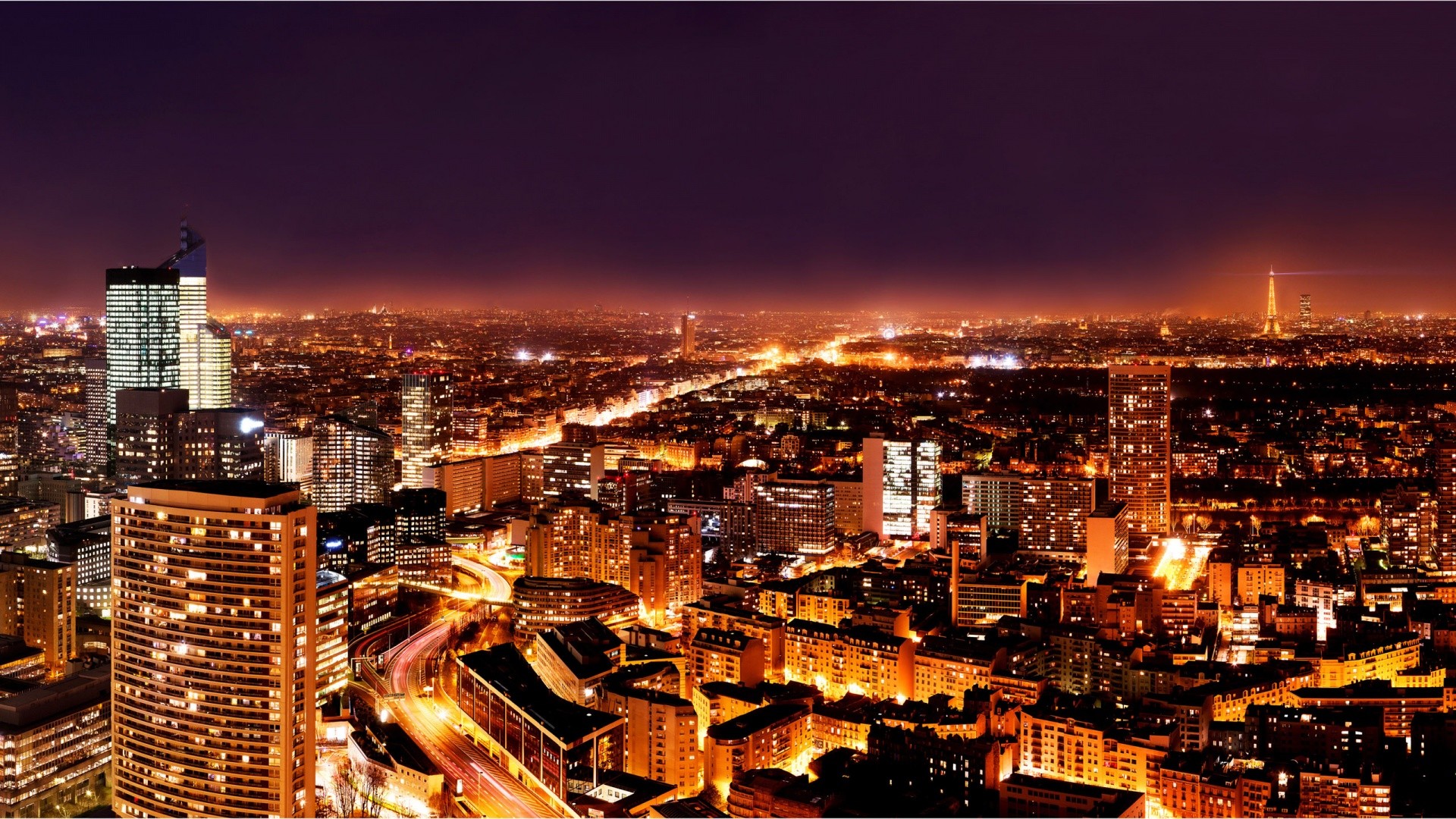 Parigi, Torre Eiffel, Notte, Luci della città, Grattacieli, Full HD, sfondo desktop