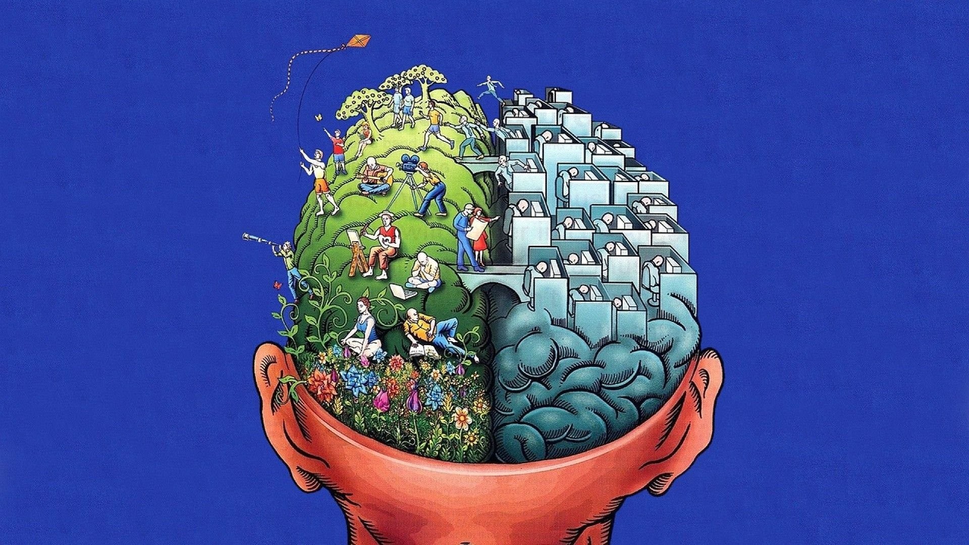 Cervello, Emisfero sinistro e destro, Natura e città, Illustrazione, Sfondo blu, wallpaper Full HD