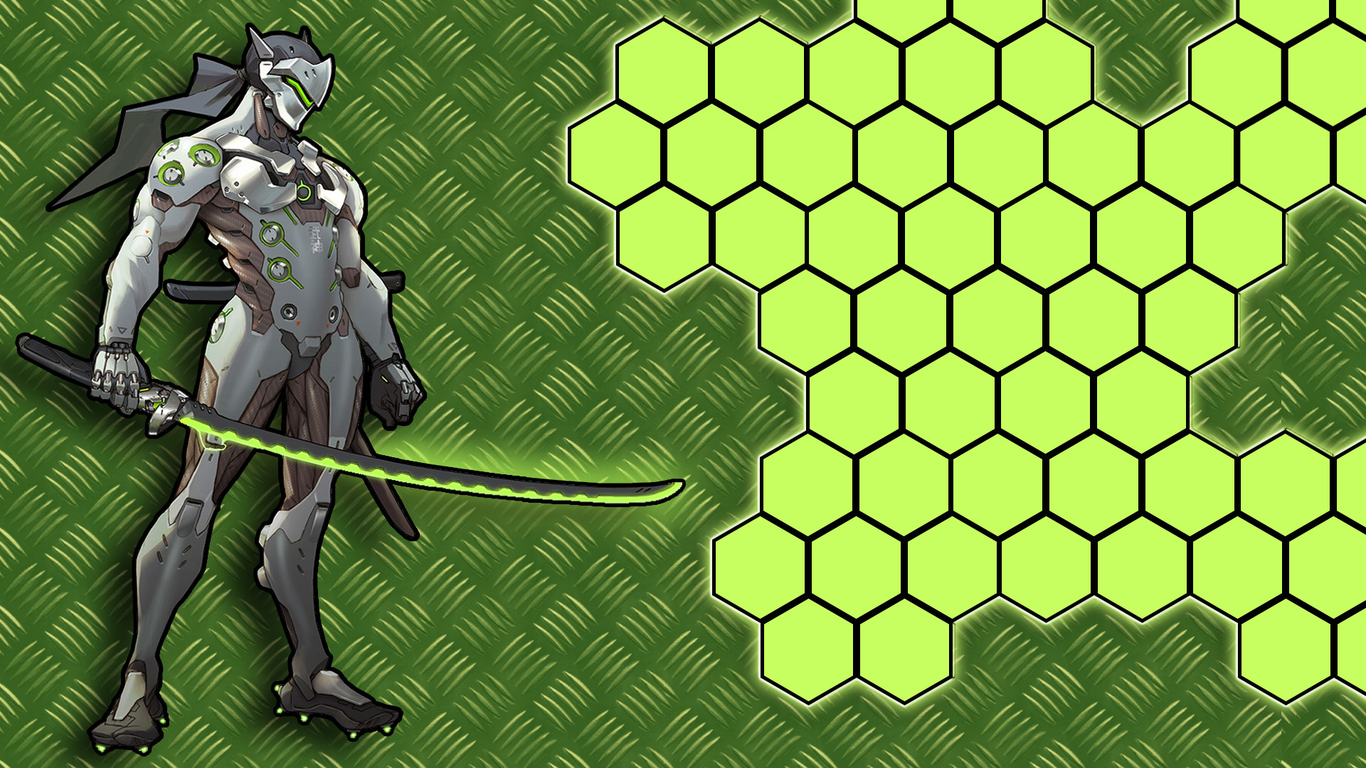 Genji, Overwatch, Esagoni, Verde, Full HD 1080p, sfondo desktop
