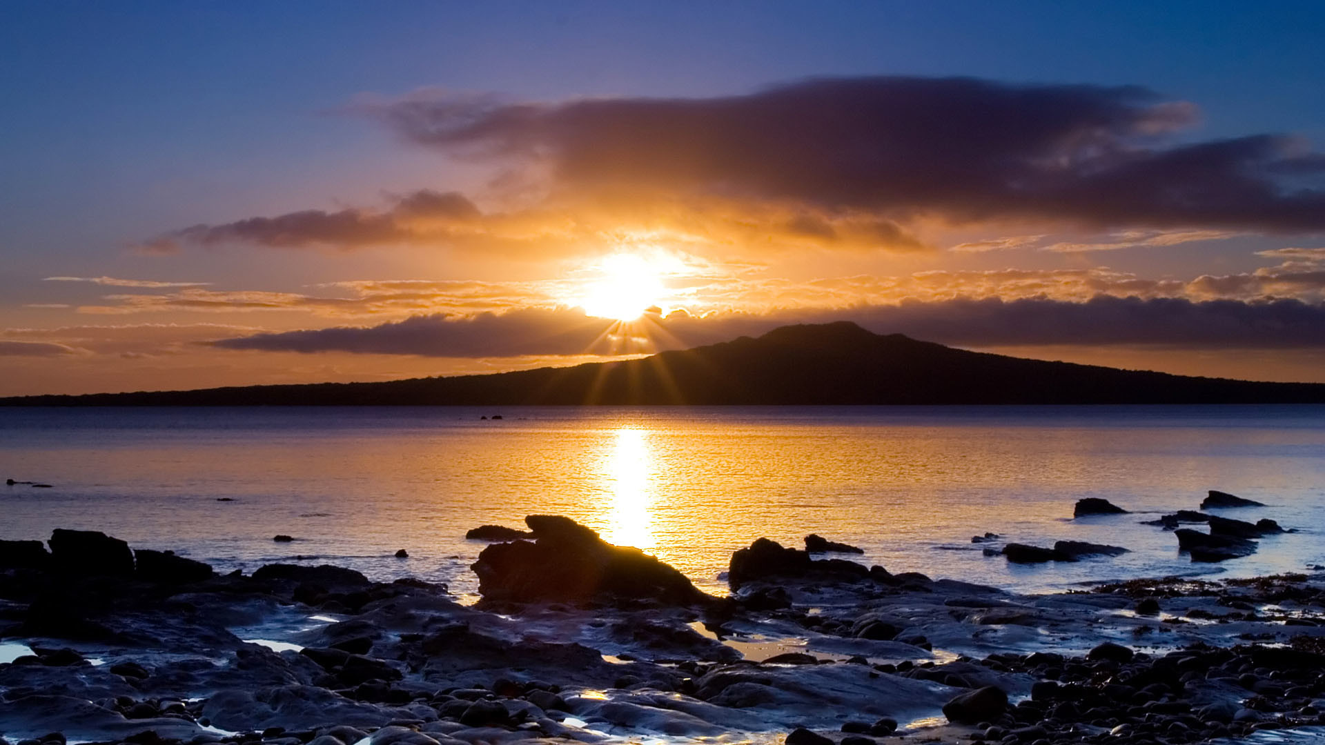Rangitoto, Auckland, Nuova Zelanda, Tramonto, Mare, Scogli, Full HD, sfondo per il tuo desktop