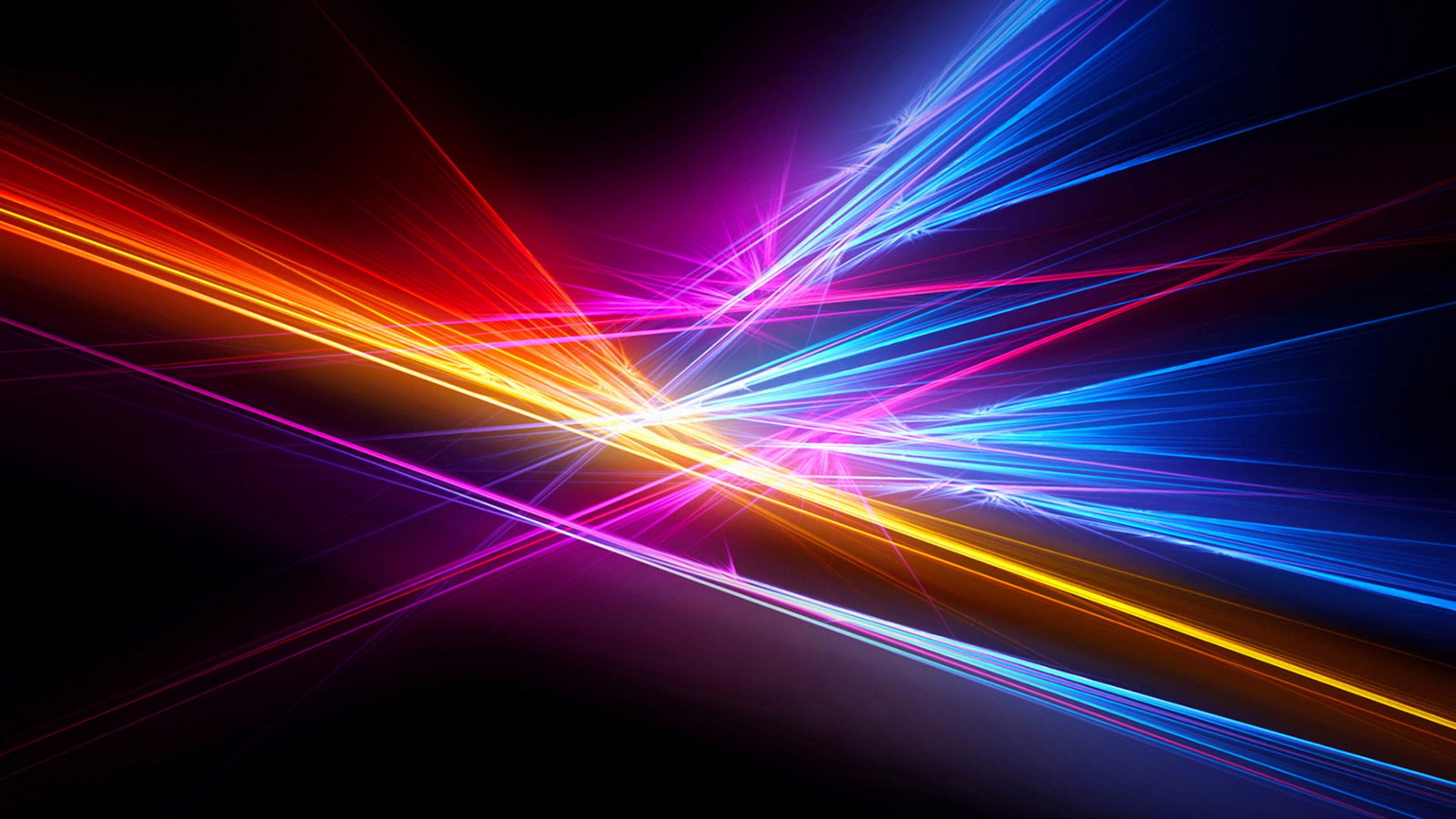 Raggi di luce, Colori neon, Sfondo nero, Astratto, 4K, wallpaper per portatile