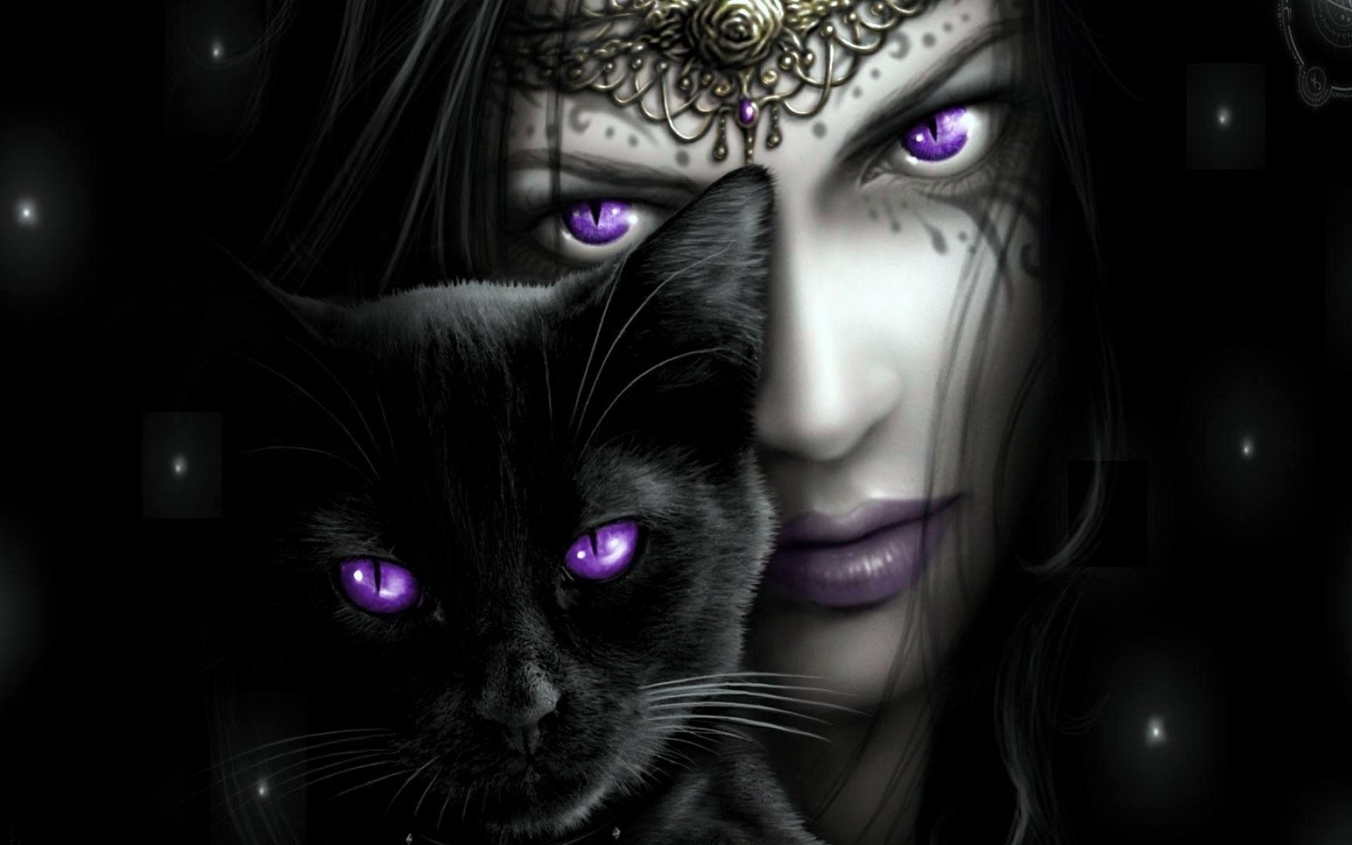 Donna gotica, Gatto nero, Occhi viola, Arte fantasy, 16:10 Full HD, sfondo widescreen