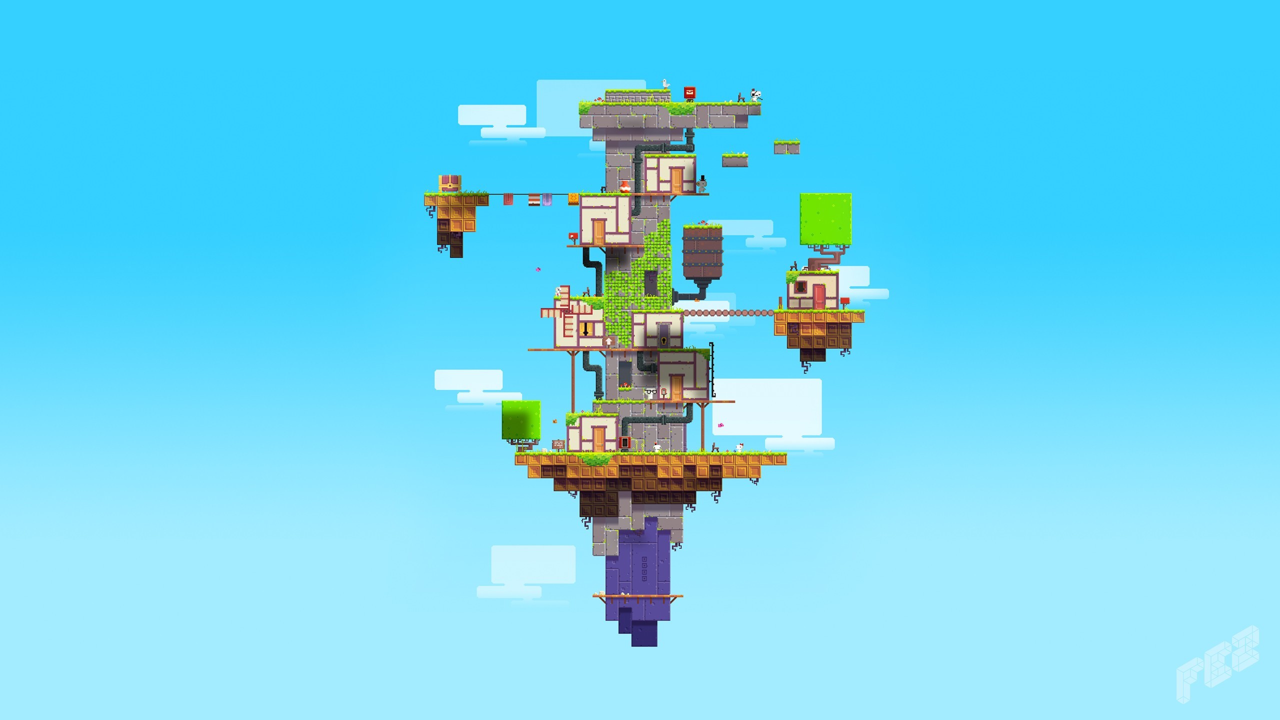Fez, Isola fluttuante, Pixel art, Cielo azzurro, 2K, sfondo desktop