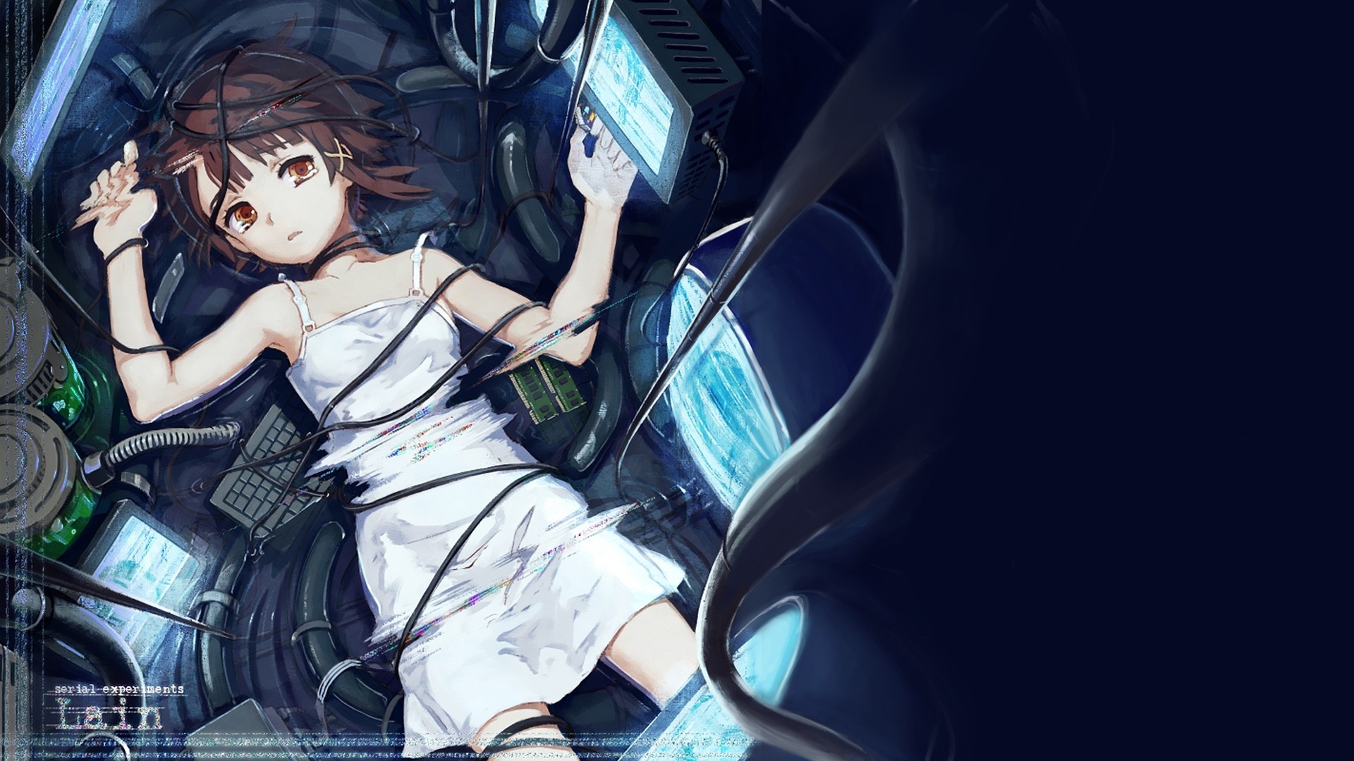 Lain Iwakura, Serial Experiments Lain, Cavi, Computer, Toni blu, sfondo widescreen Full HD