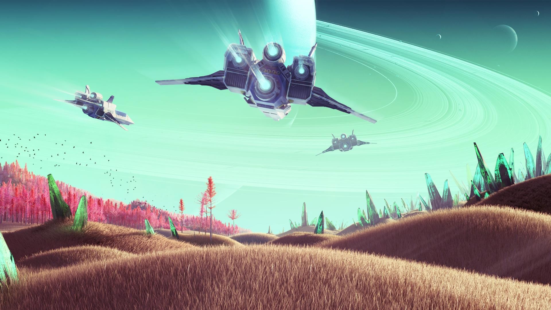 No Man's Sky, Astronavi, Anelli planetari, Colline, 16:9 Full HD, sfondo widescreen