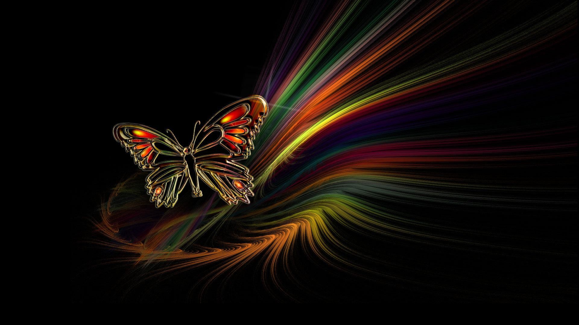 Farfalla, Scie luminose, Arcobaleno, Sfondo nero, wallpaper per desktop