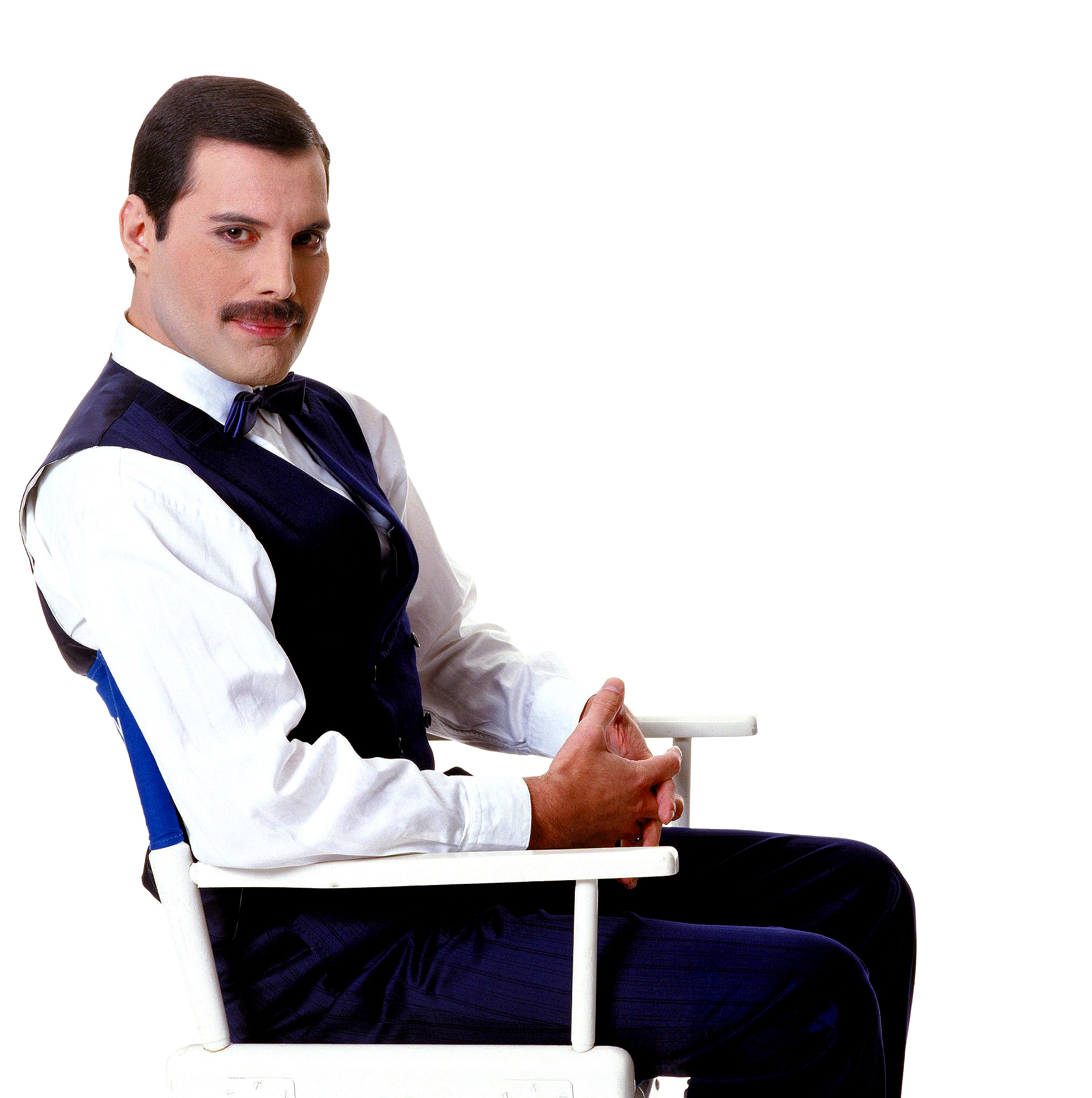 Freddie Mercury, Gilet, Sedia, Sfondo bianco, Full HD, schermata di blocco iPad