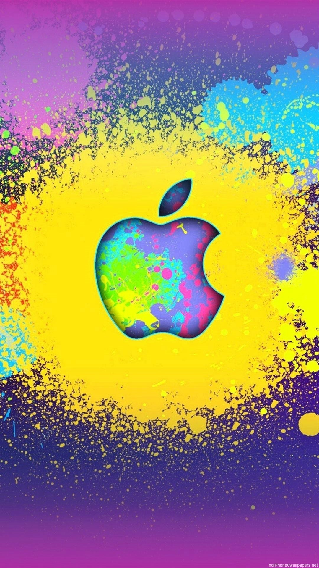 Logo Apple, Apple, Schizzi di vernice, Giallo, immagine di sfondo iPhone 6