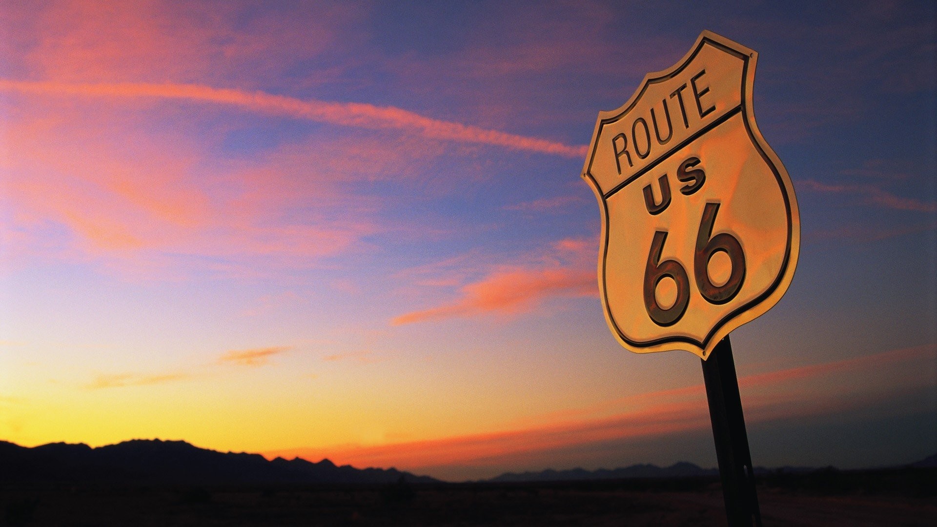 Route 66, Cartello US 66, Tramonto, Cielo rosa, Full HD, sfondo per PC