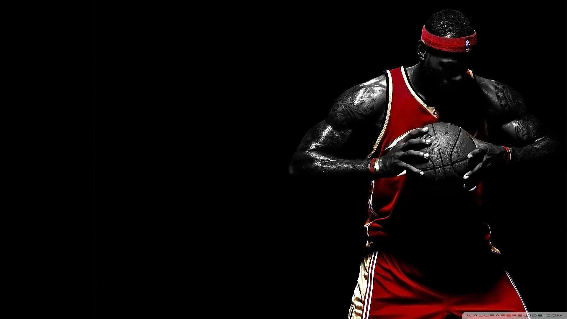 LeBron James, Basket, Pallone da basket, Sfondo nero, 16:9 Full HD, wallpaper widescreen