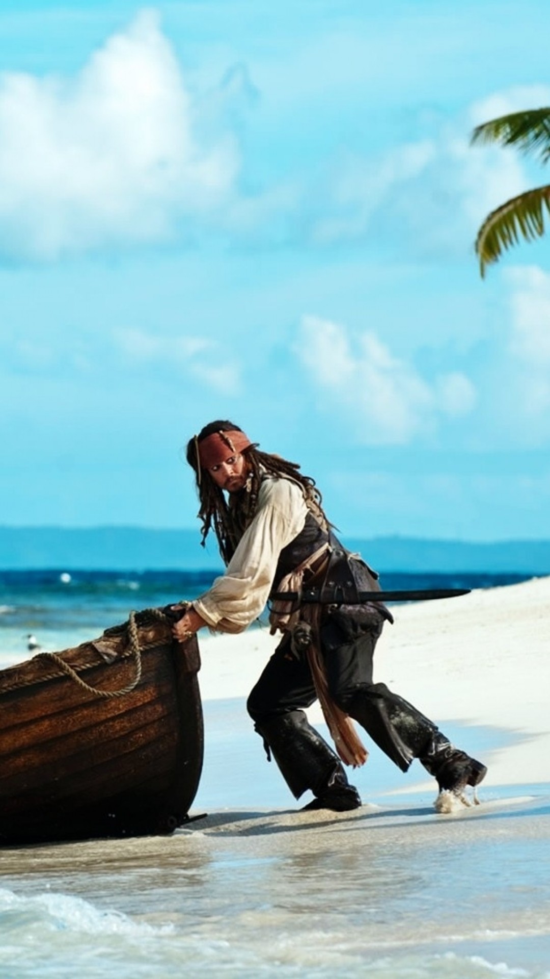 Jack Sparrow, Johnny Depp, Spiaggia, Barca, Full HD, sfondo per smartphone